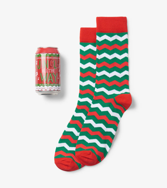 Green and red zigzag patterned socks with a red cuff, paired with a festive beer can.