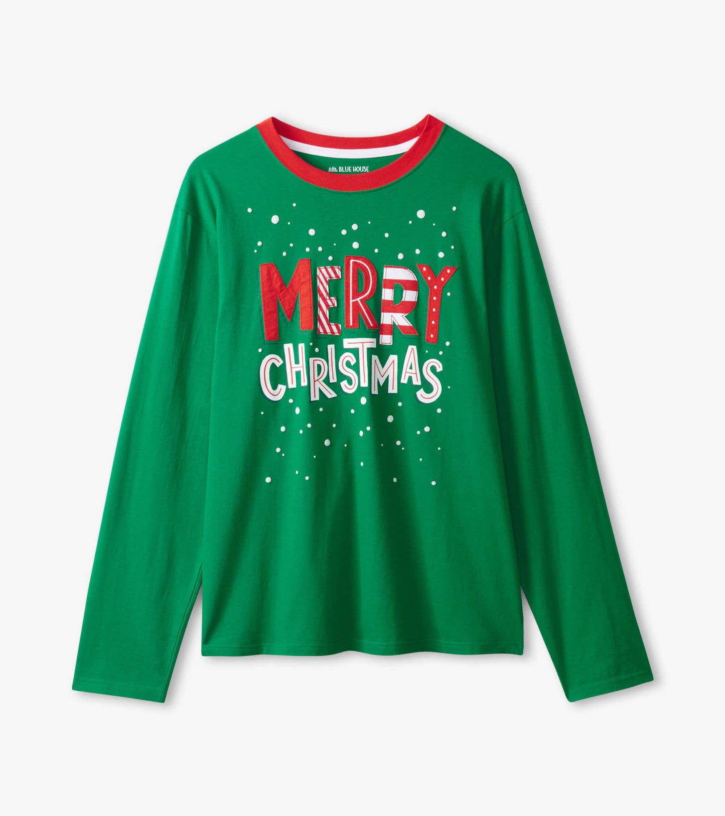 Green long sleeve t-shirt featuring "MERRY CHRISTMAS" graphic in red and white, with a red collar and playful snow dot patte…