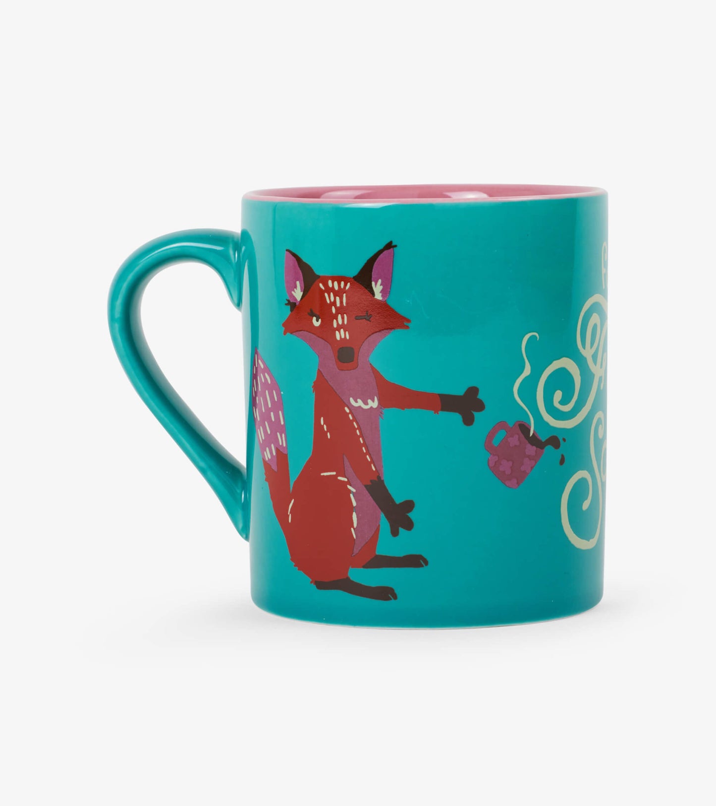 Teal ceramic mug featuring a playful fox design and pink interior, ideal for hot beverages.