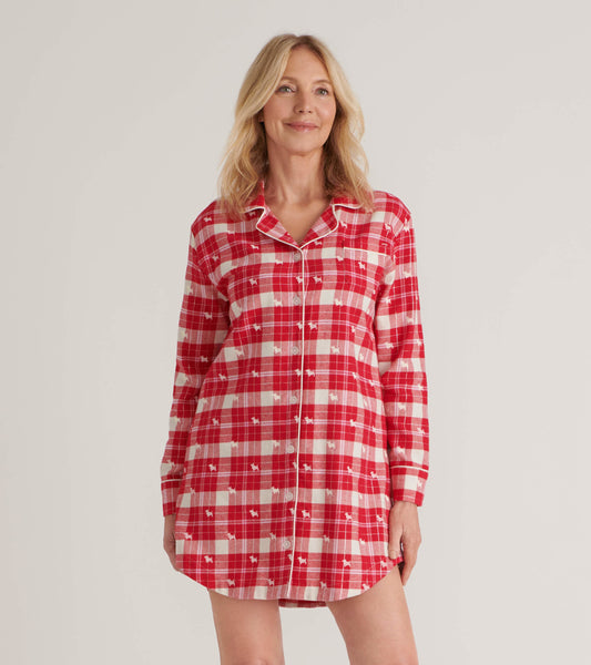 Red plaid flannel nightgown with long sleeves, button front, and playful dog print. Suitable for cozy lounging.
