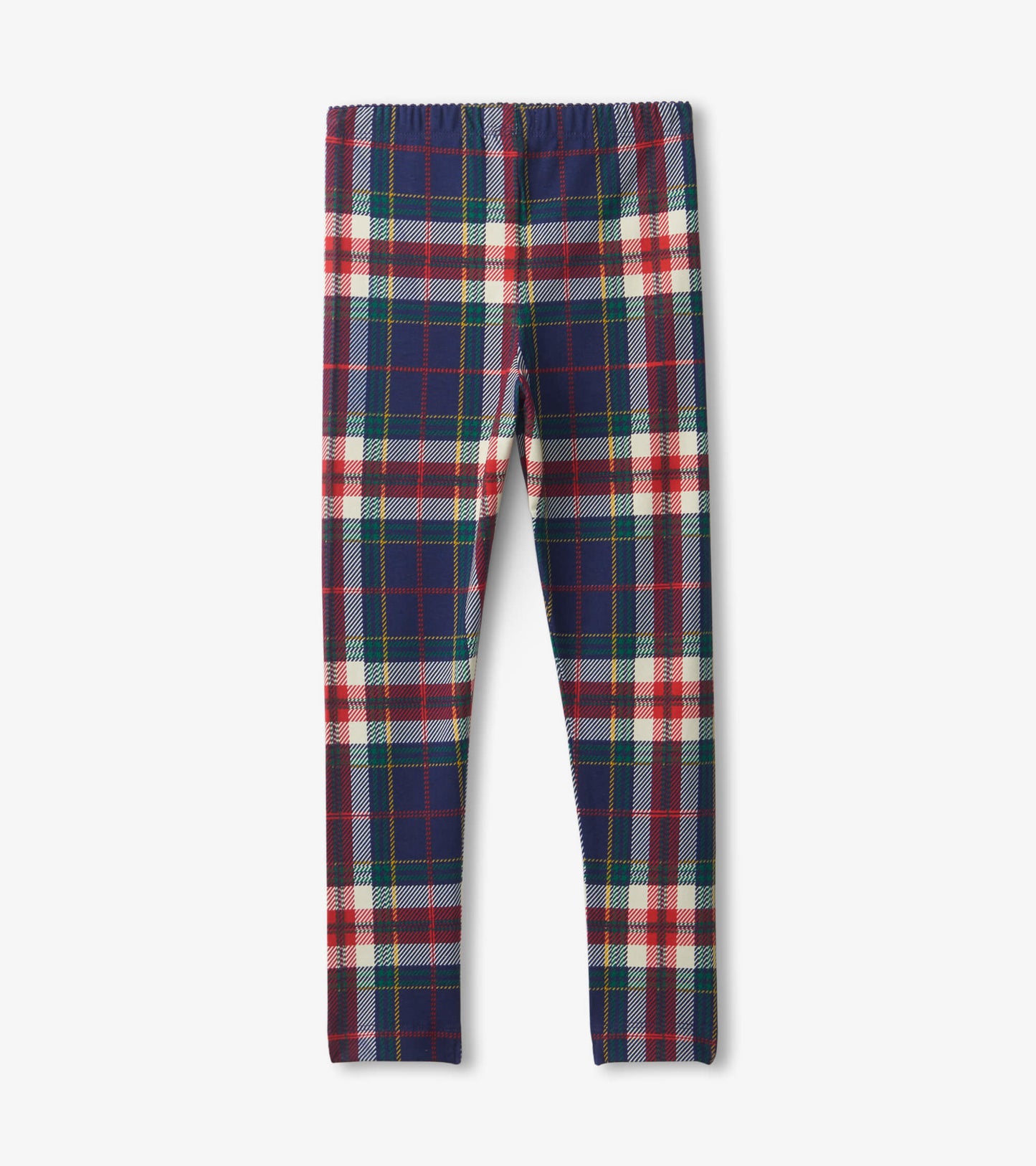 Navy plaid leggings featuring red, green, and white patterns, with an elastic waistband for comfort.