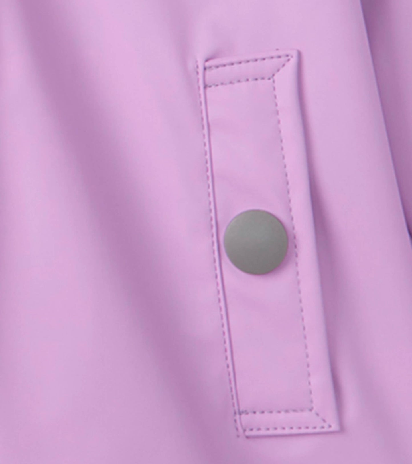 Lilac button-up rain jacket featuring a pocket with a gray snap button.