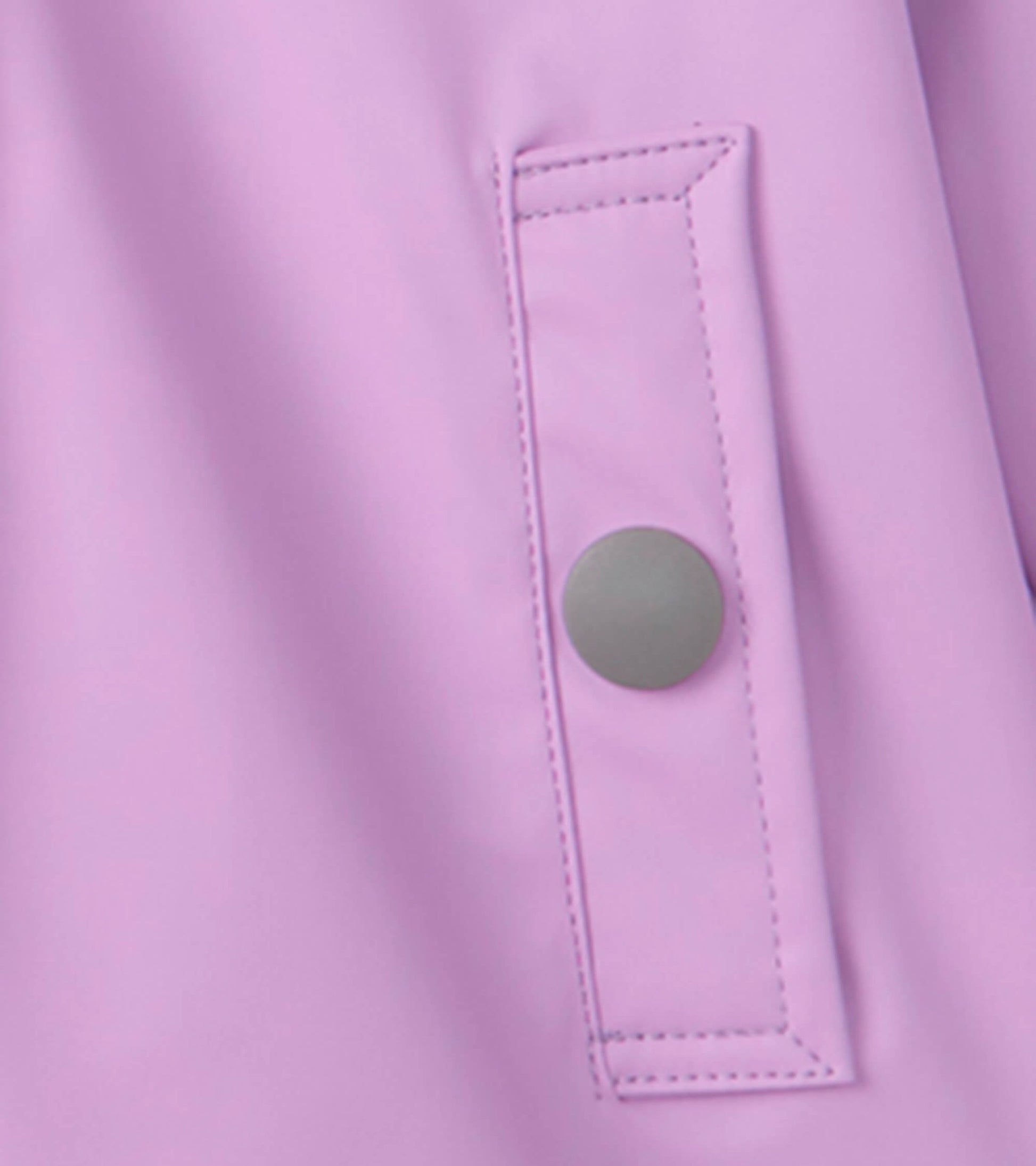 Lilac button-up rain jacket featuring a pocket with a gray snap button.