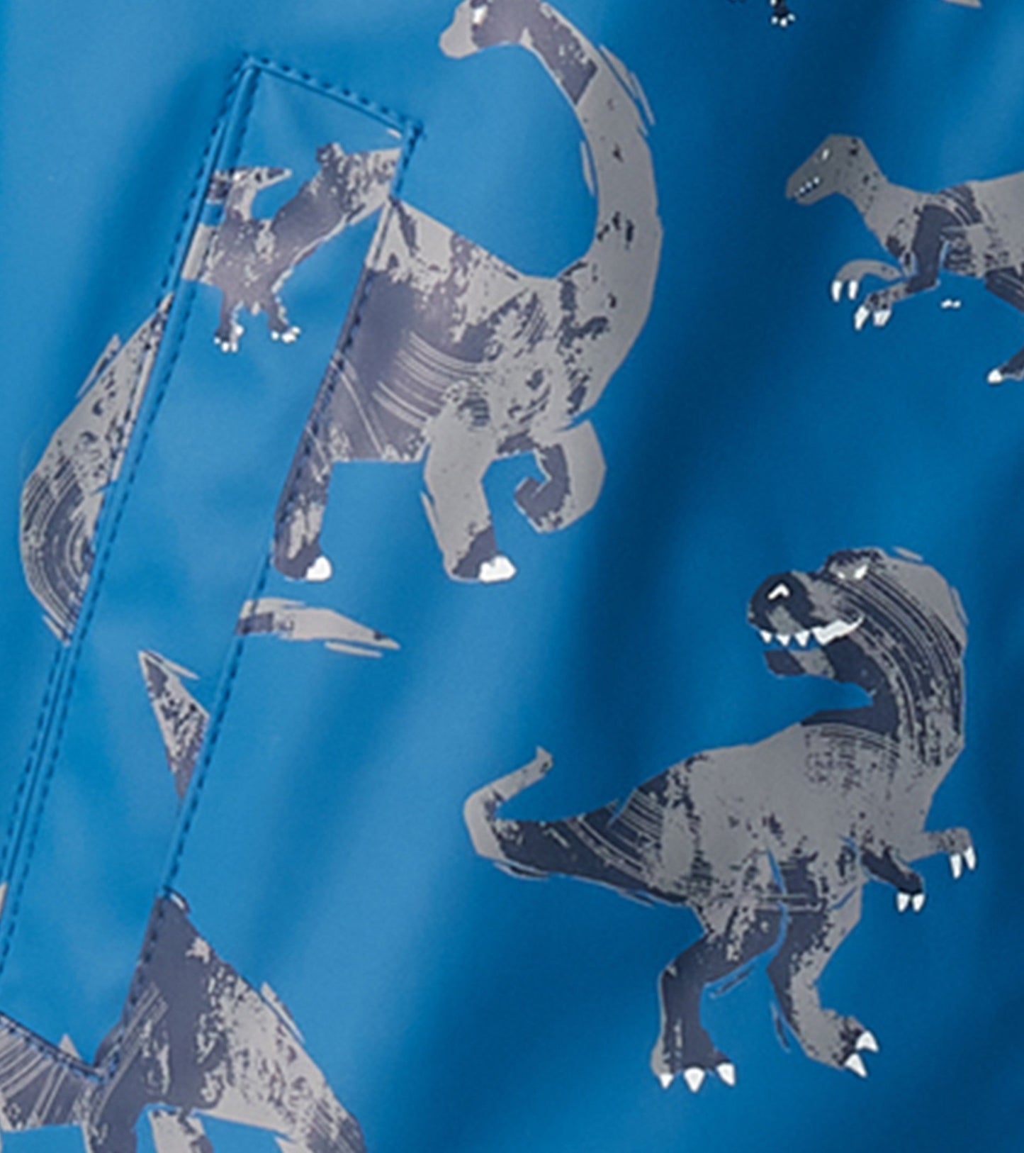 Blue zip-up rain jacket featuring gray dinosaur prints, suitable for boys.