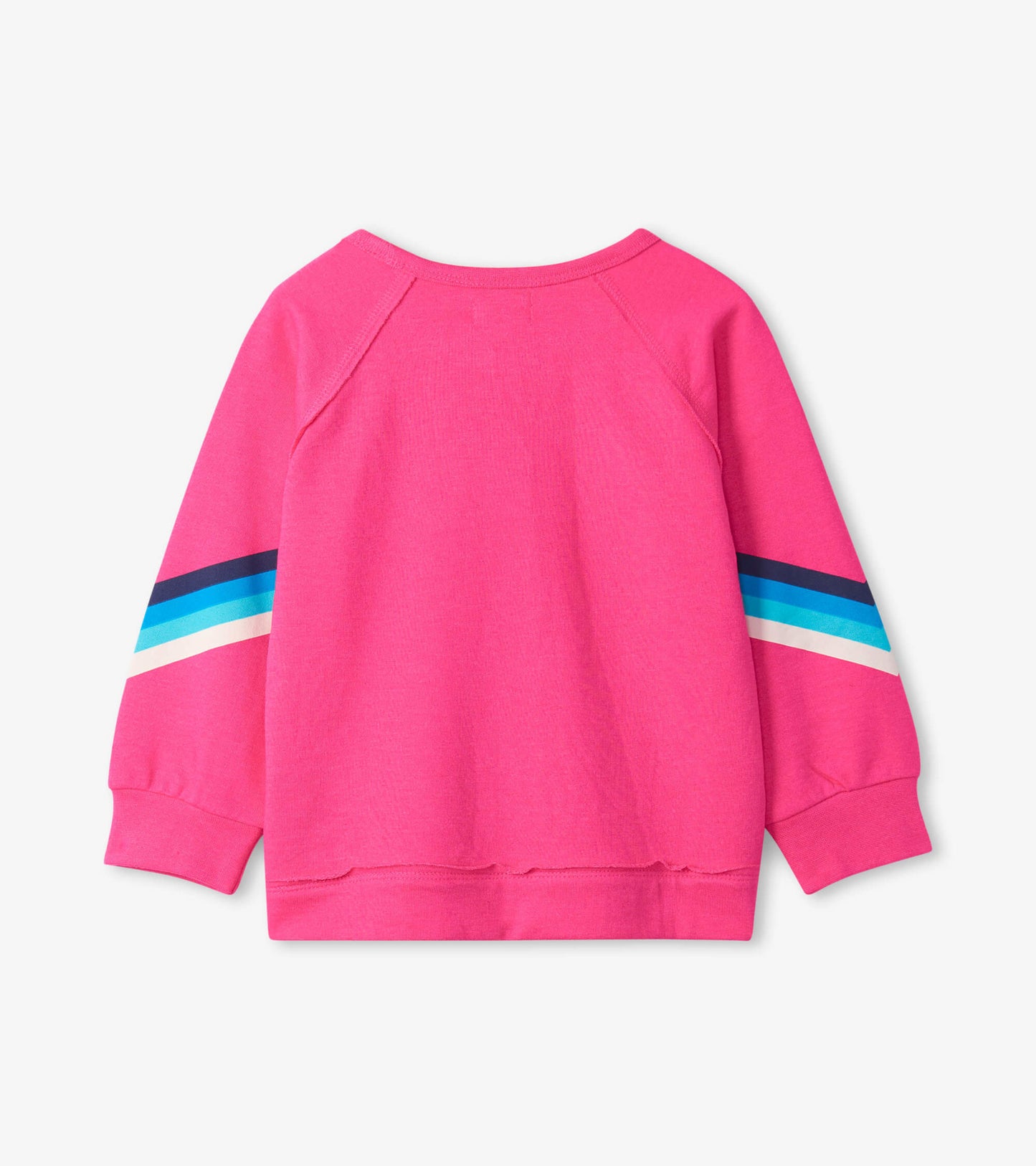 Bright pink pullover with long sleeves featuring blue and white striped accents on the sleeves. Back view.