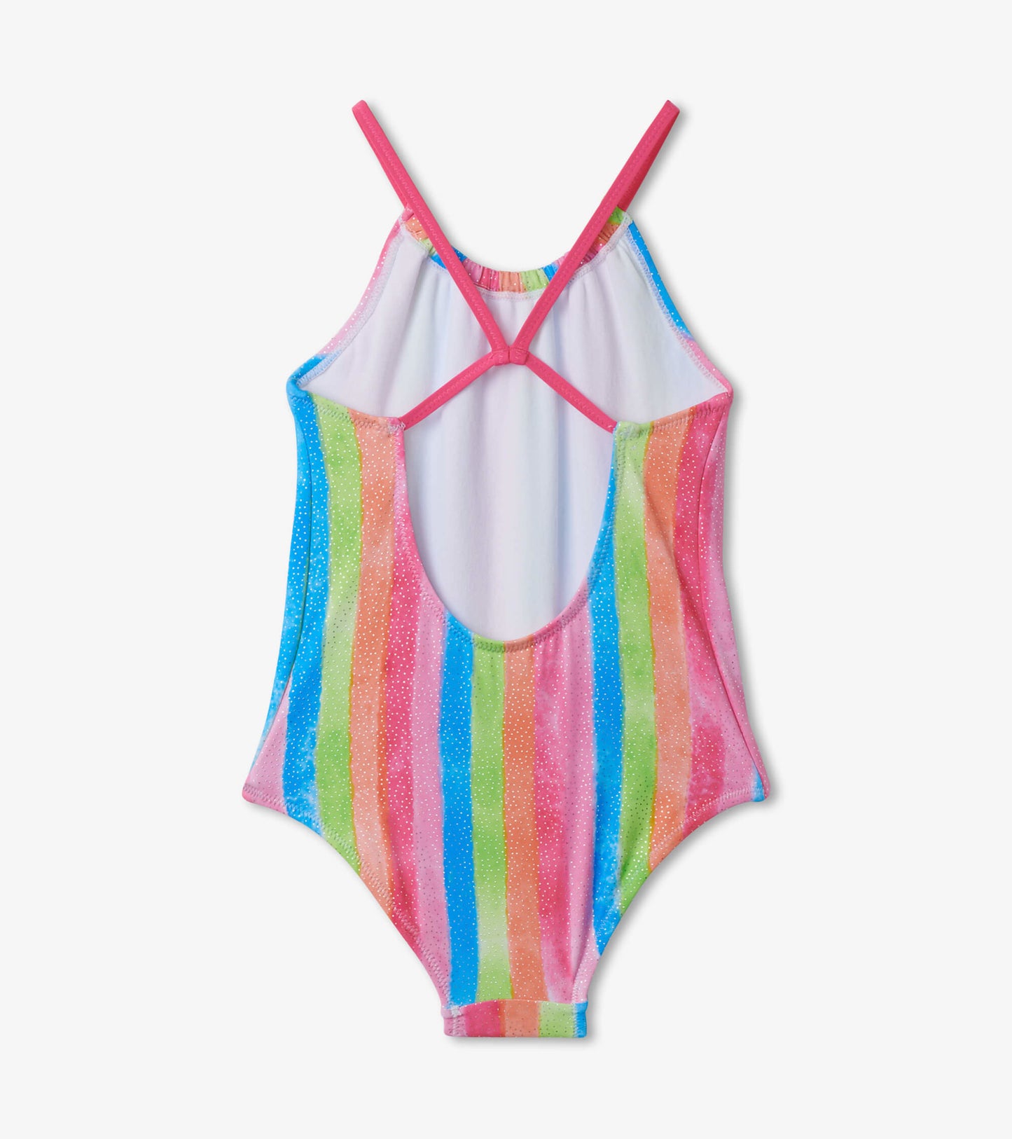 Colorful striped swimsuit featuring pink, blue, green, and yellow hues with a racerback design and open back.