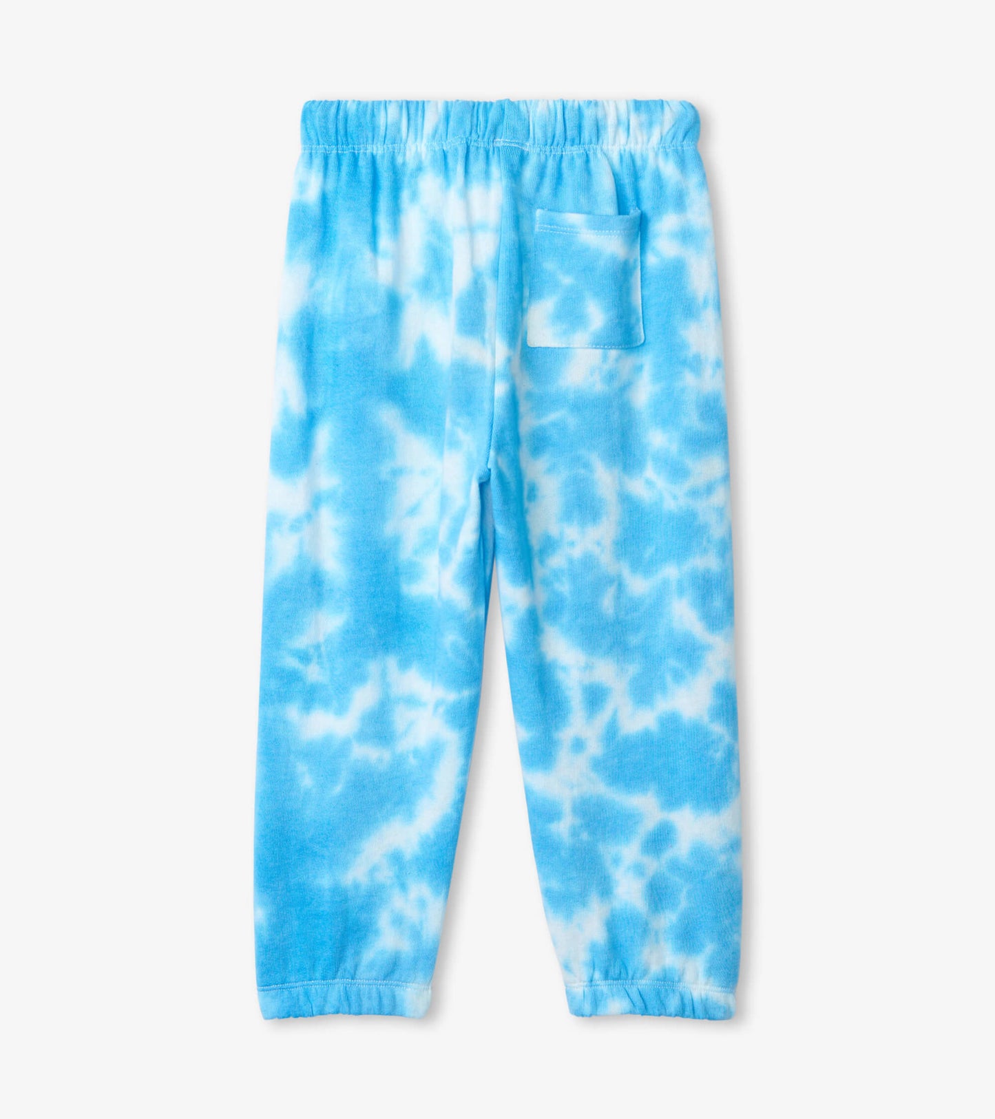 Blue tie-dye joggers with a relaxed fit, featuring an elastic waistband and a back pocket.