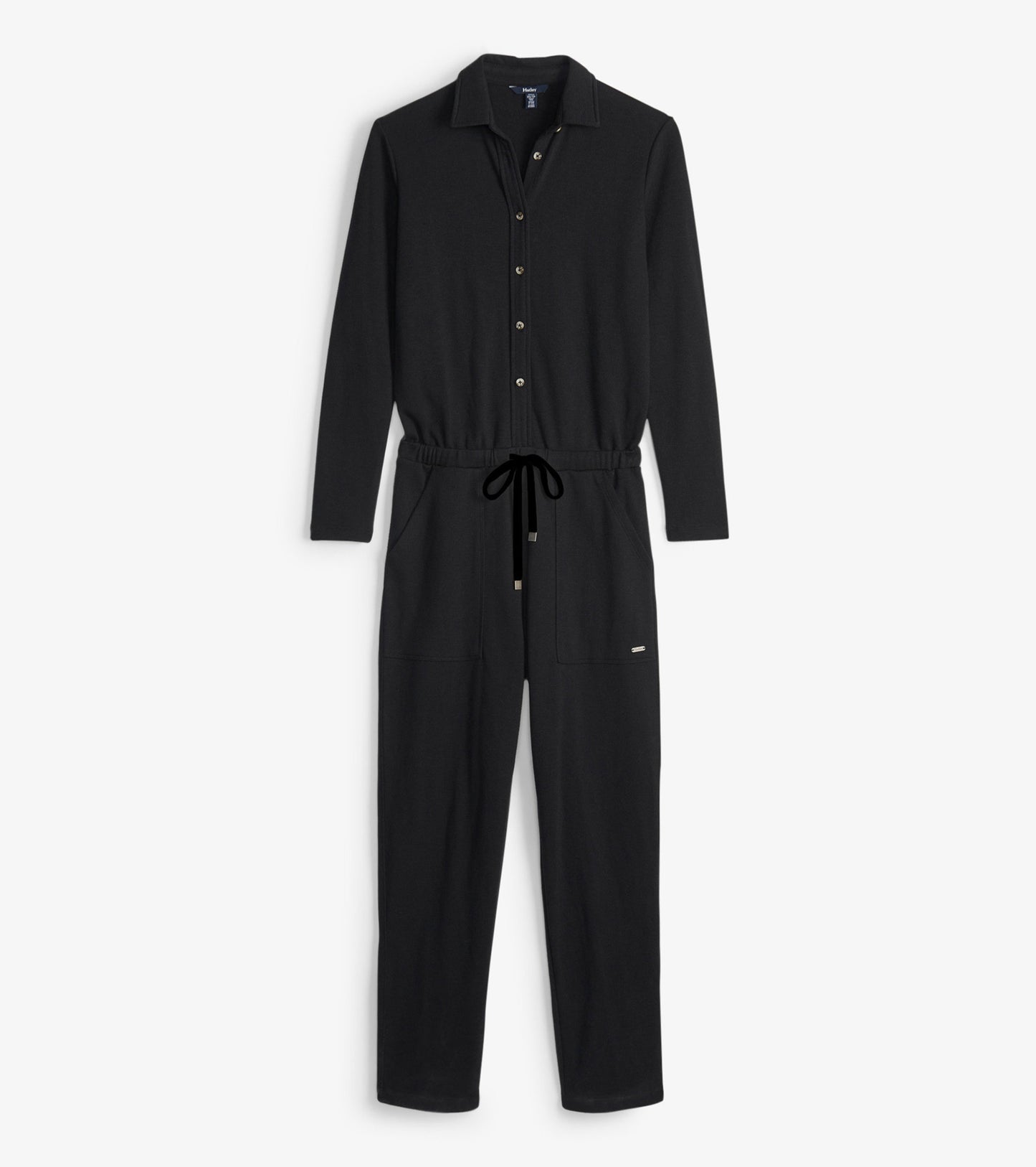 Black long-sleeve jumpsuit with a collar, button front, drawstring waist, and side pockets.