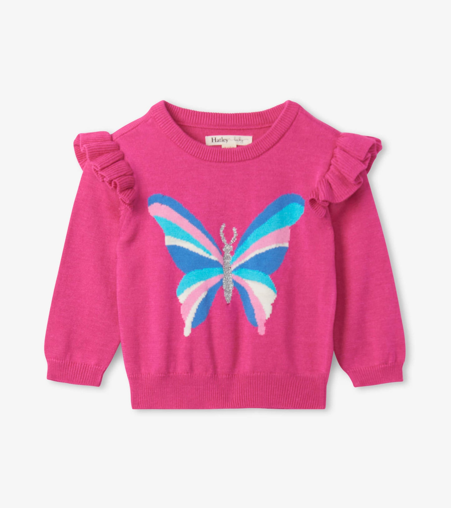 Pink sweater with ruffle sleeves featuring a colorful butterfly design on the front. Suitable for baby sizes 3-24 months.