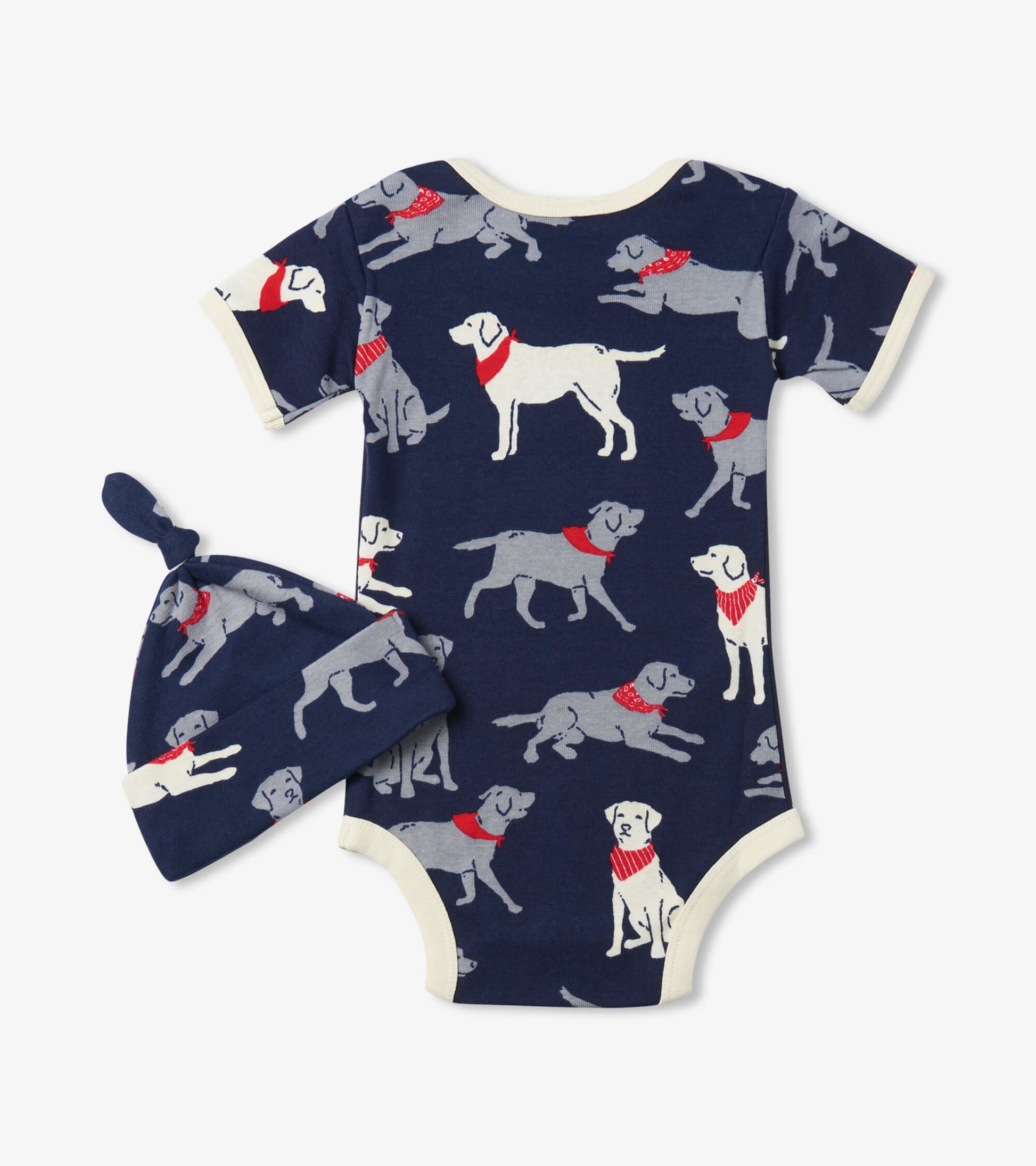 Navy baby bodysuit with playful dog print and matching hat, featuring short sleeves and a soft, comfortable fabric.