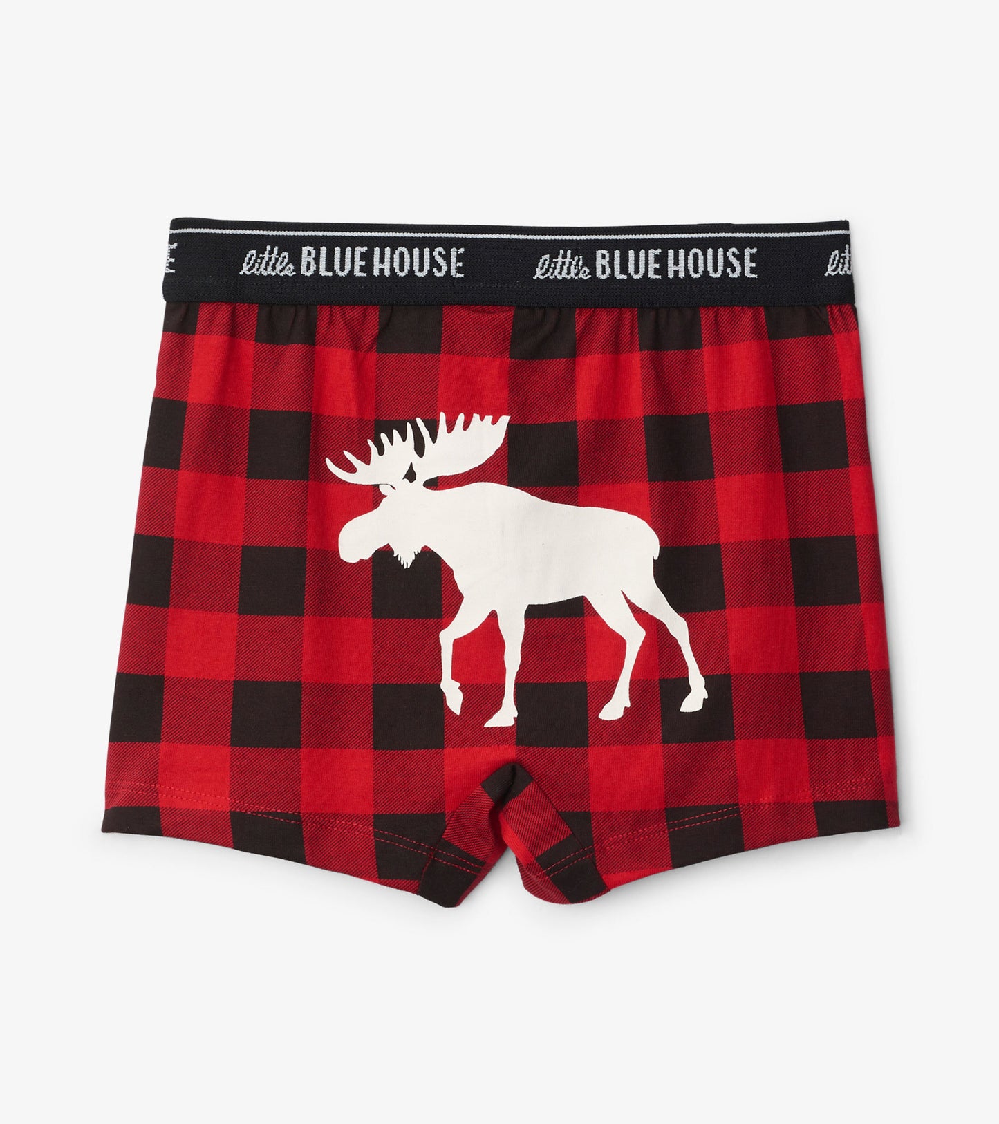 Red and black plaid boxer briefs featuring a white moose graphic on the back and an elastic waistband.