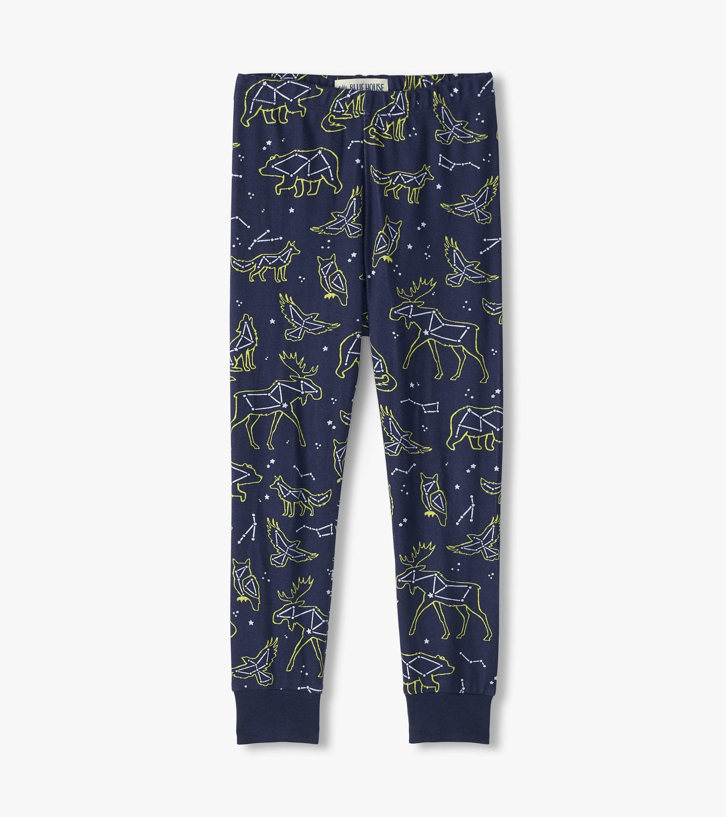 Navy pajama pants featuring animal constellations in bright green and white, with an elastic waistband and fitted cuffs.