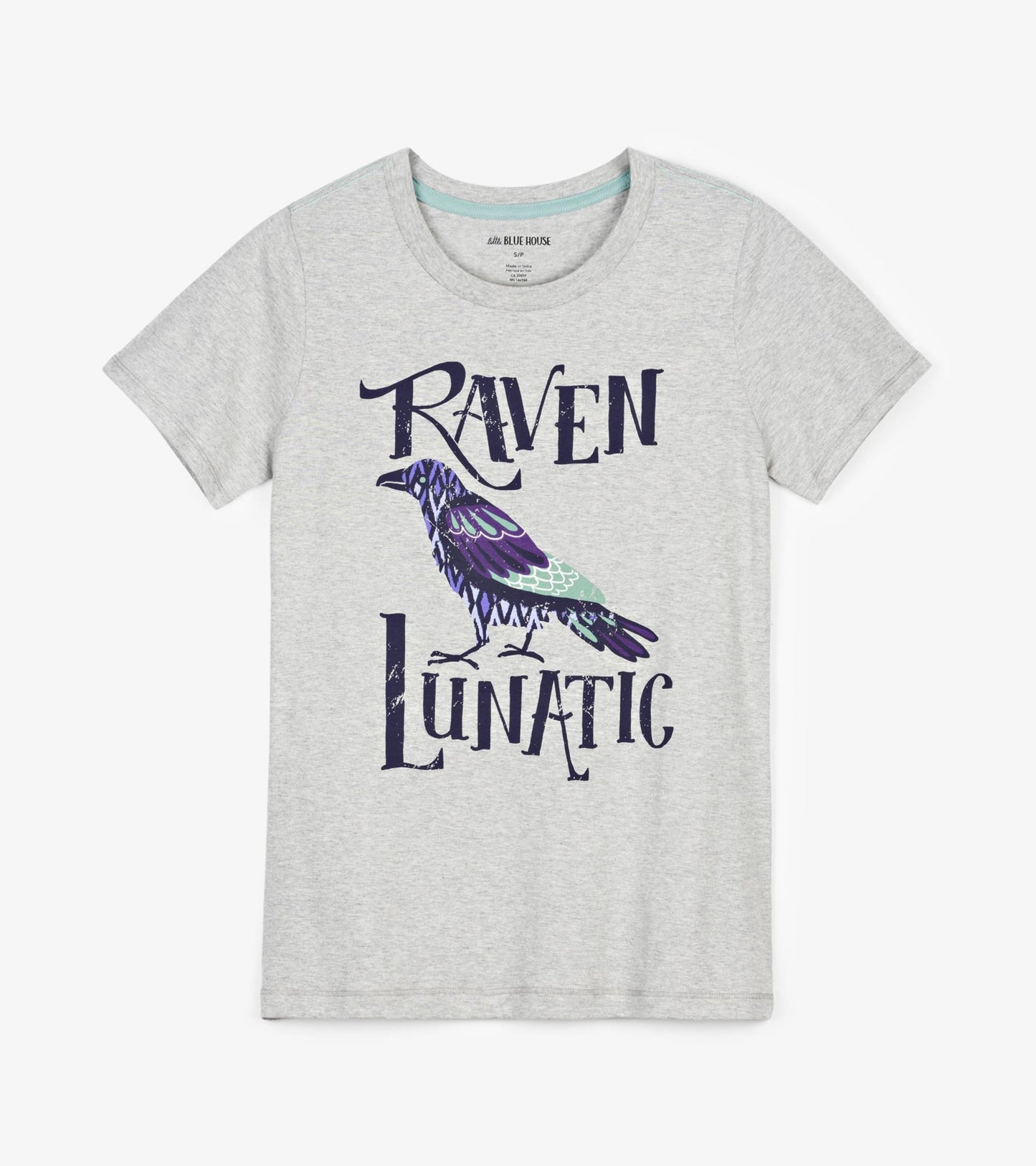 Gray short-sleeve pajama t-shirt featuring a colorful raven graphic and the text "RAVEN LUNATIC.