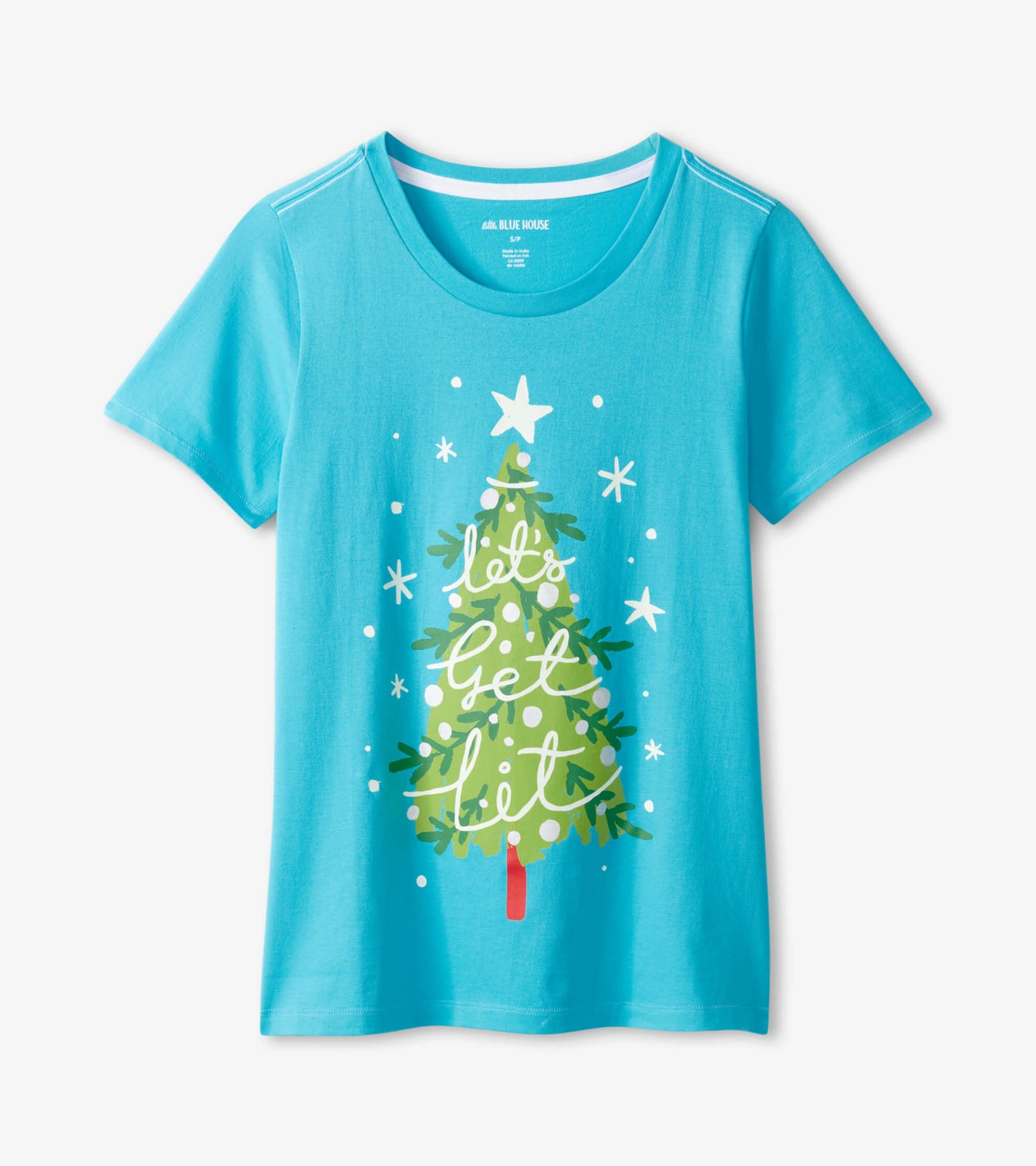 Turquoise short sleeve t-shirt featuring a green Christmas tree graphic with white polka dots and text design.