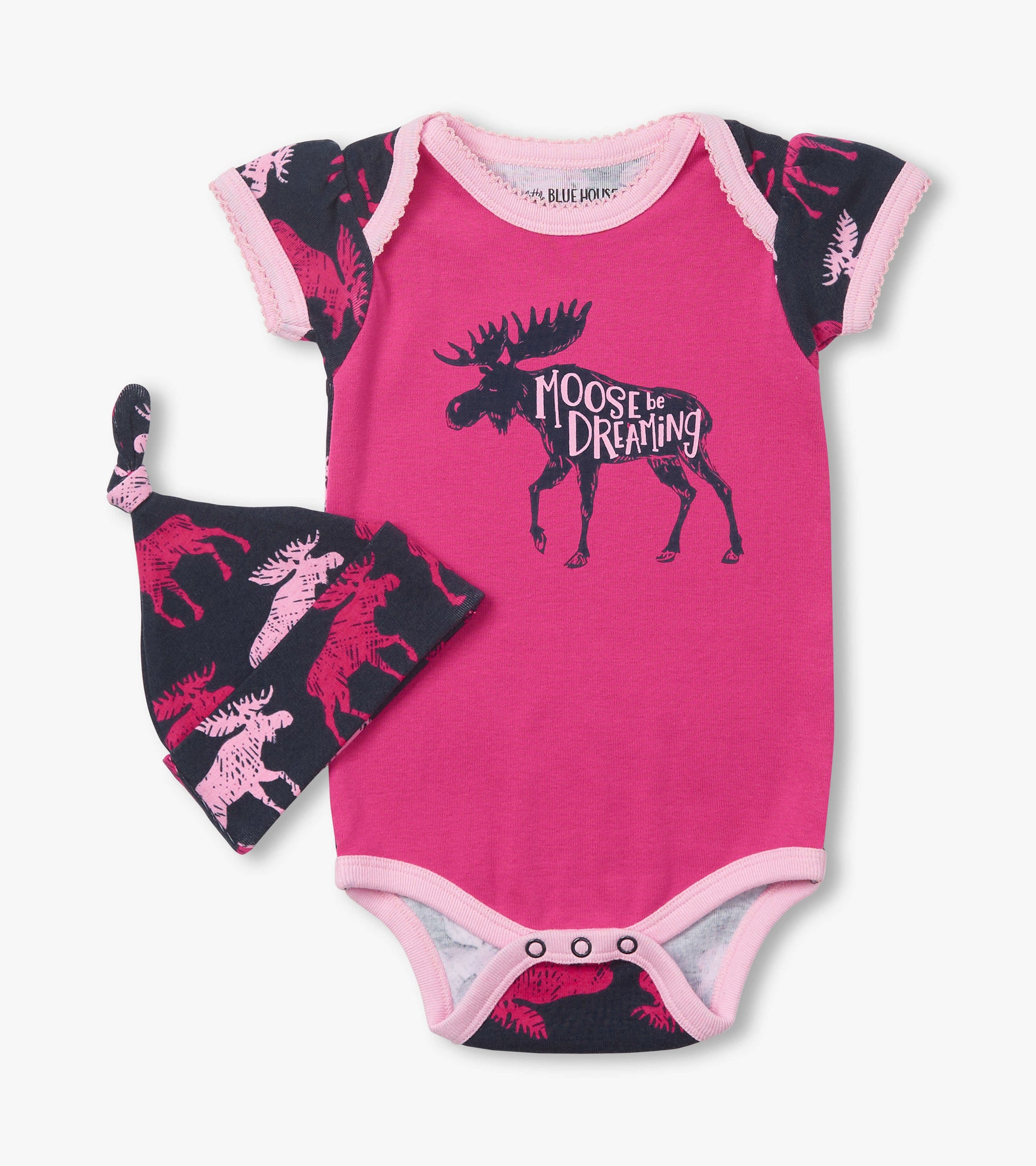 Pink baby bodysuit with moose graphic and matching hat featuring moose pattern on a navy background.