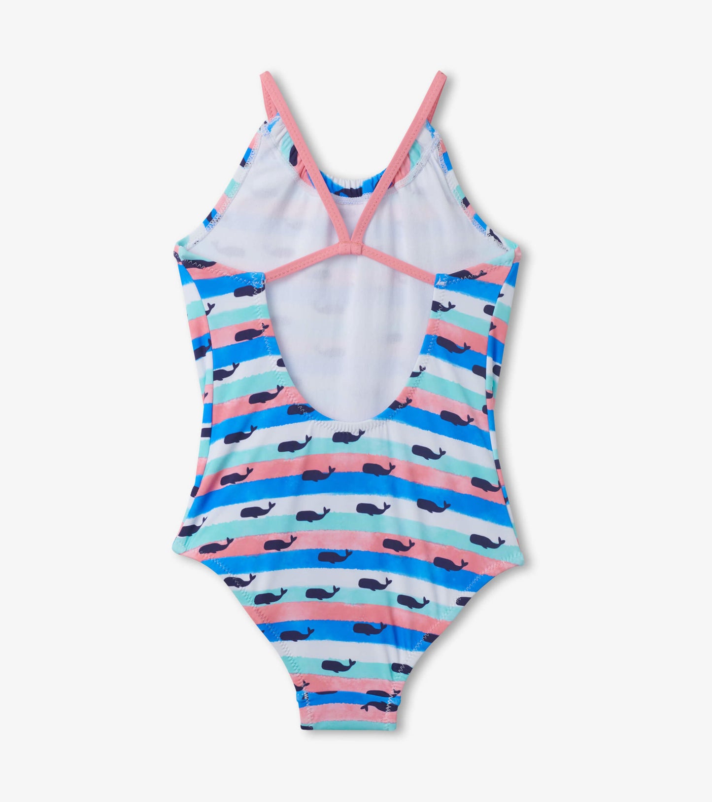 Colorful swimsuit featuring a whale pattern with horizontal stripes in blue, pink, and green. Adjustable straps and open bac…