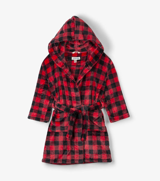 Red and black buffalo plaid fleece robe with a hood, tie belt, and two front pockets.