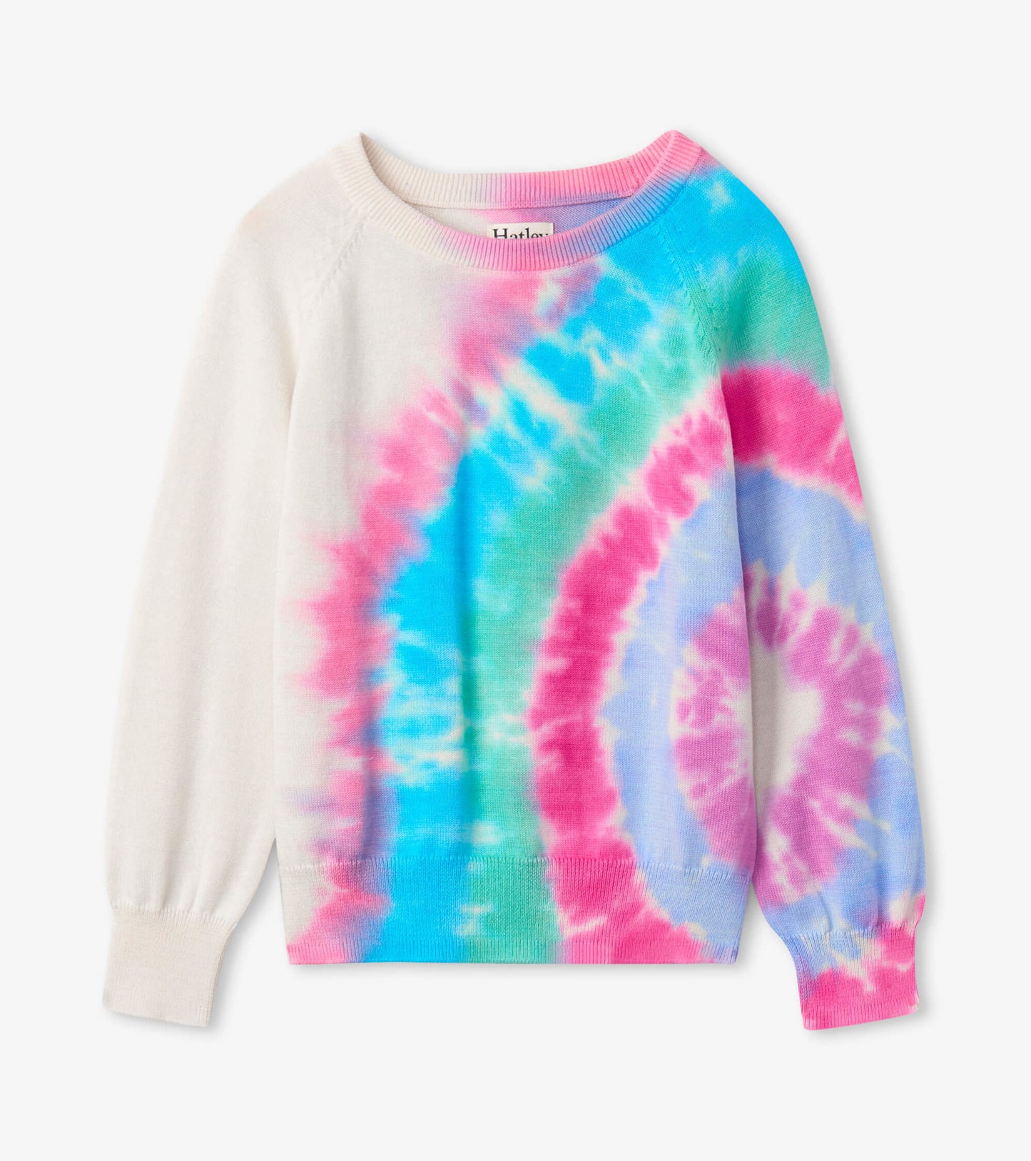 Pullover featuring a colorful tie-dye pattern with pink, blue, and green swirls on a cream background.
