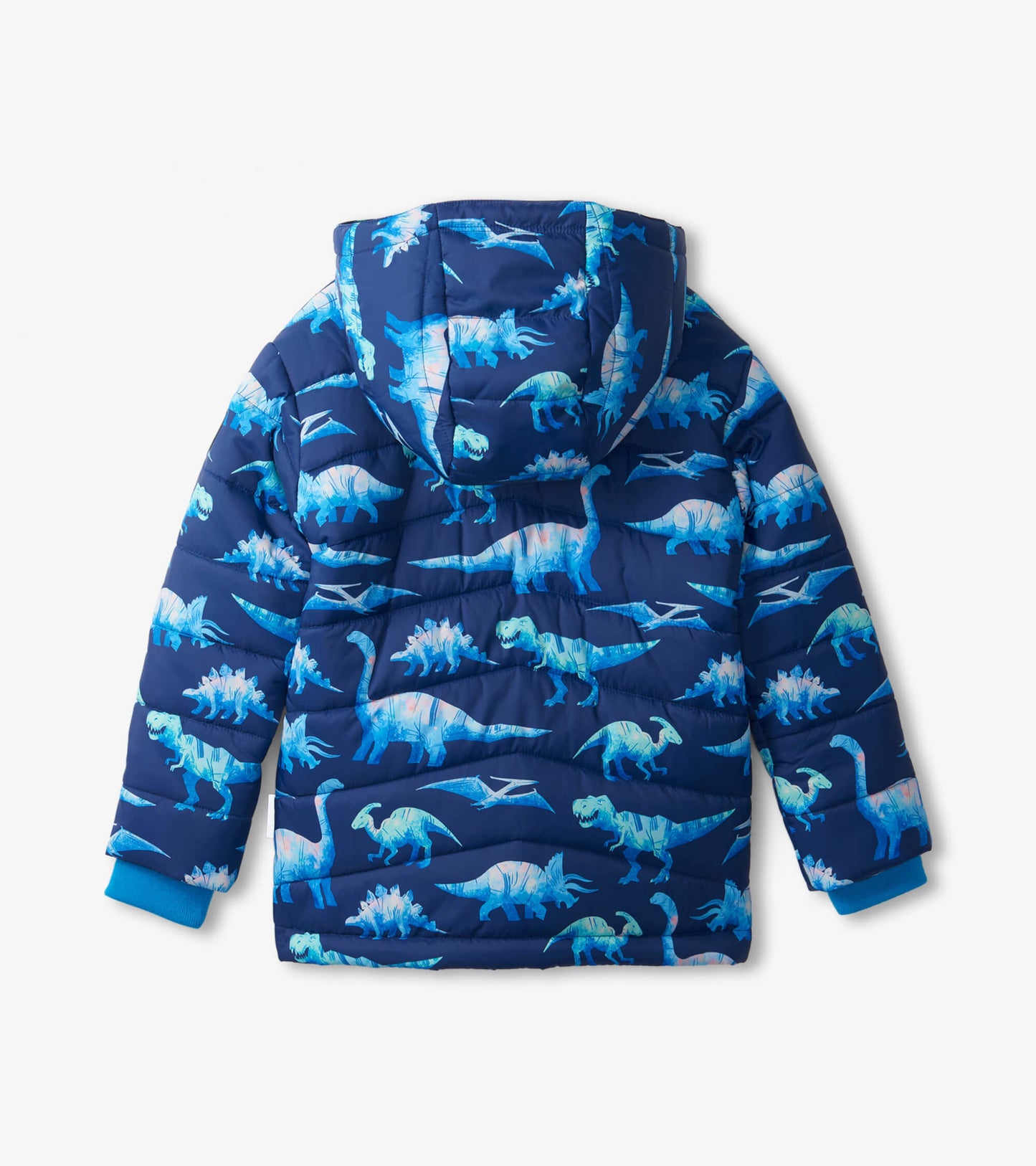 Navy blue puffer jacket featuring colorful dinosaur prints, with a hood and elastic cuffs for kids.