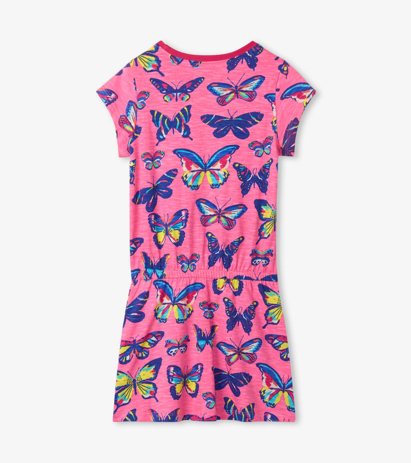 Pink drop waist dress featuring a vibrant butterfly pattern in various colors. Short sleeves and a relaxed fit.