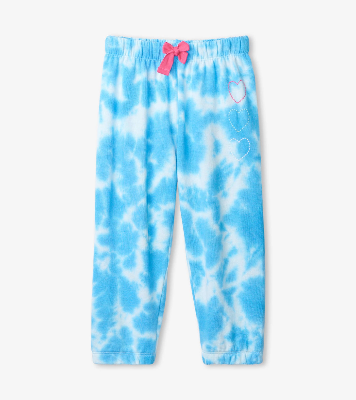 Blue tie-dye joggers with a relaxed fit, featuring a pink bow at the waist and heart embroidery on the side.
