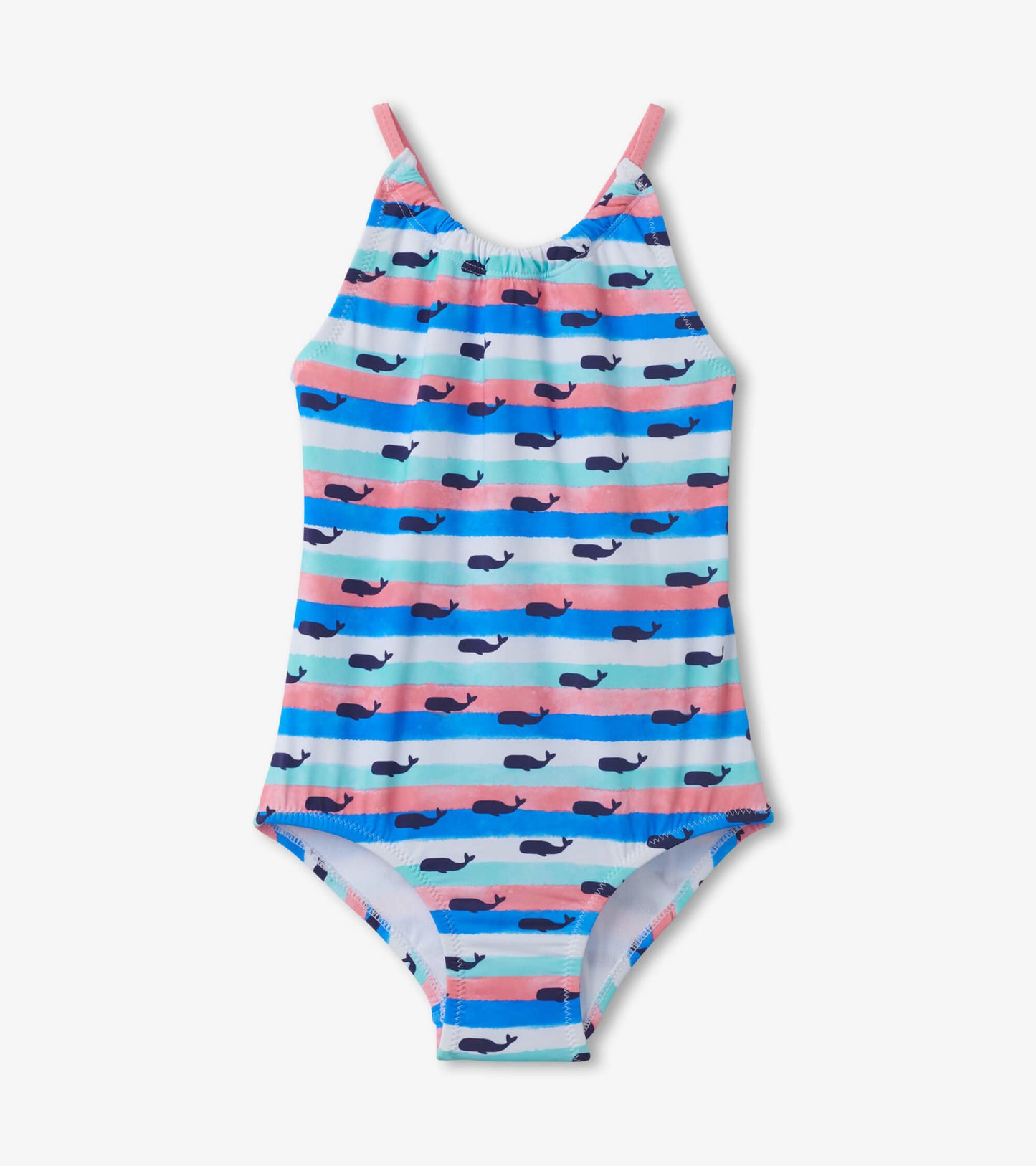 Colorful striped swimsuit featuring navy whales on a light blue, pink, and green background, with adjustable straps.
