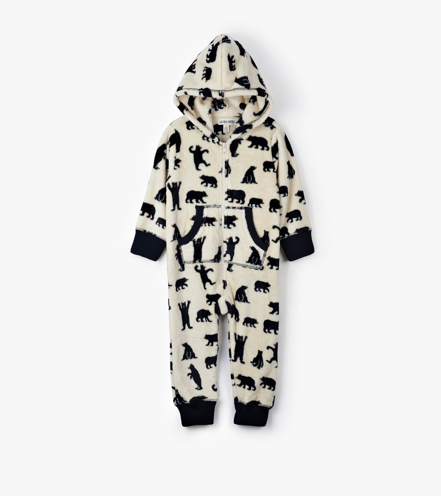 Hooded fleece jumpsuit featuring a cream background with black bear silhouettes, elastic cuffs, and front pockets.