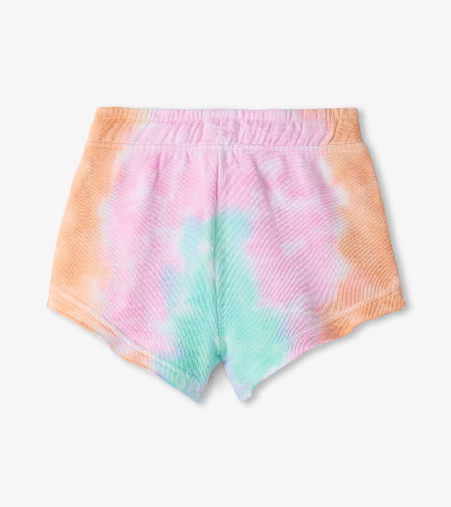 Tie-dye pull-on shorts in pastel colors of pink, orange, and green, featuring a comfortable elastic waistband.