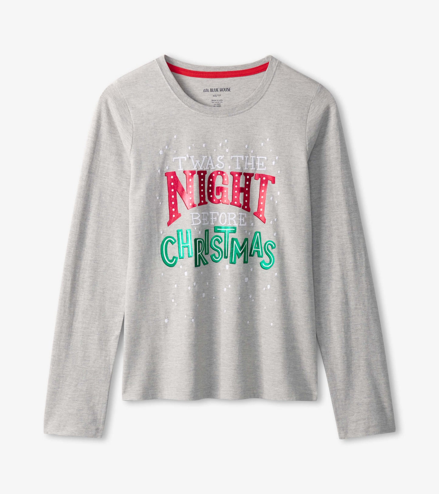 Gray long sleeve t-shirt featuring festive "Twas The Night Before Christmas" graphic in red and green.