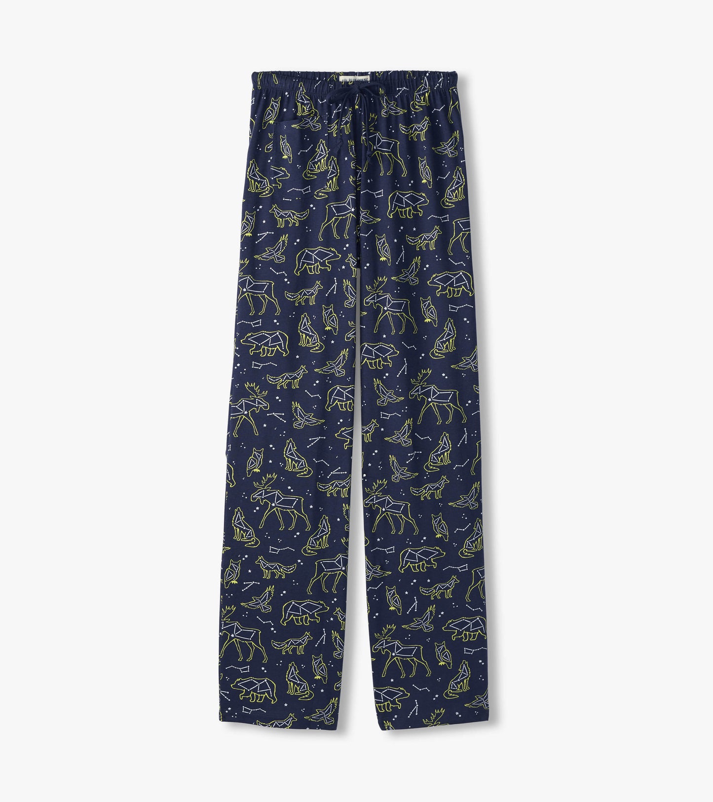 Navy cotton pajama pants featuring animal constellations in light green outline, with an elastic waistband.