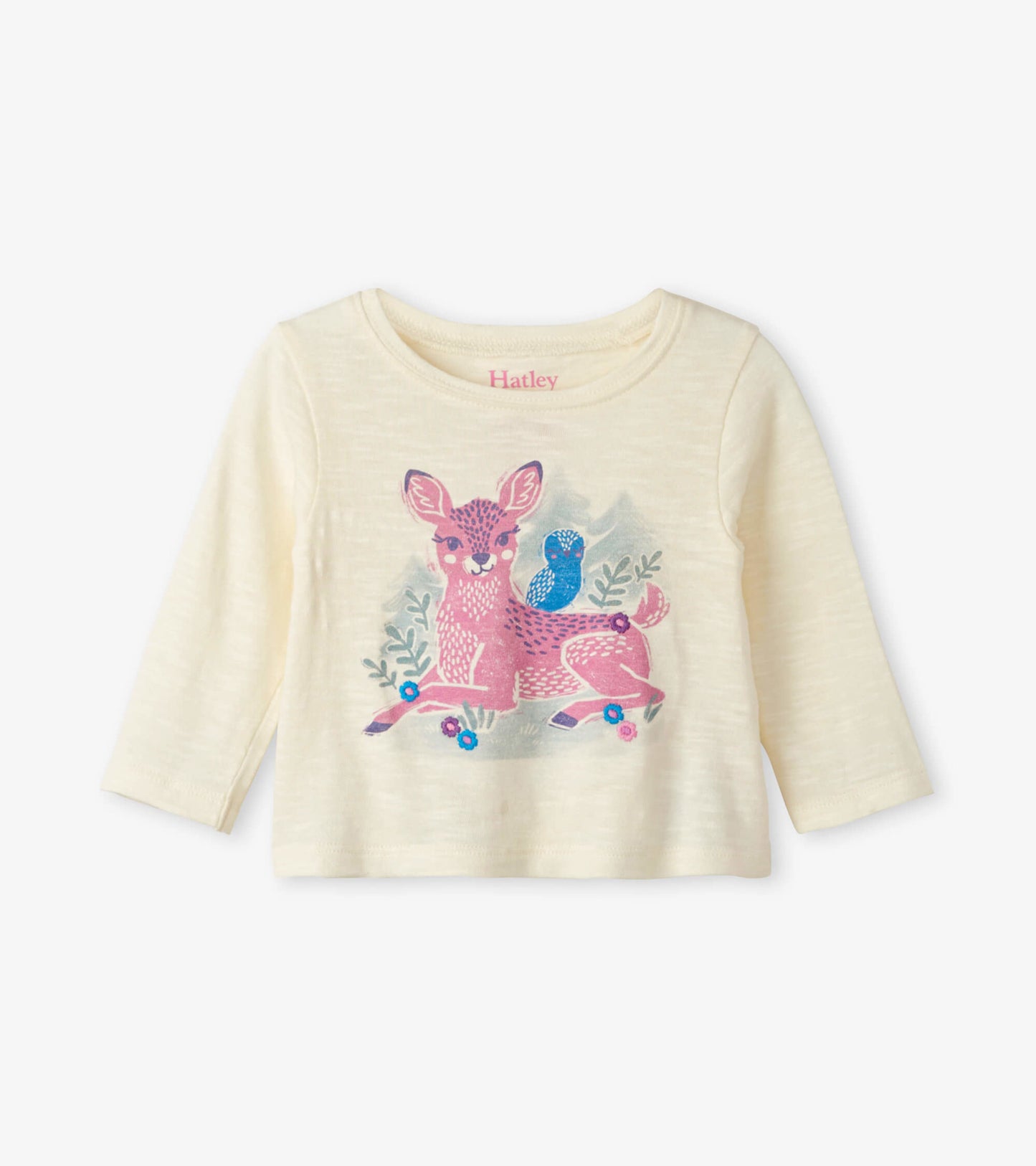 Cream long sleeve baby tee featuring a pink fawn and blue bird graphic with floral accents.