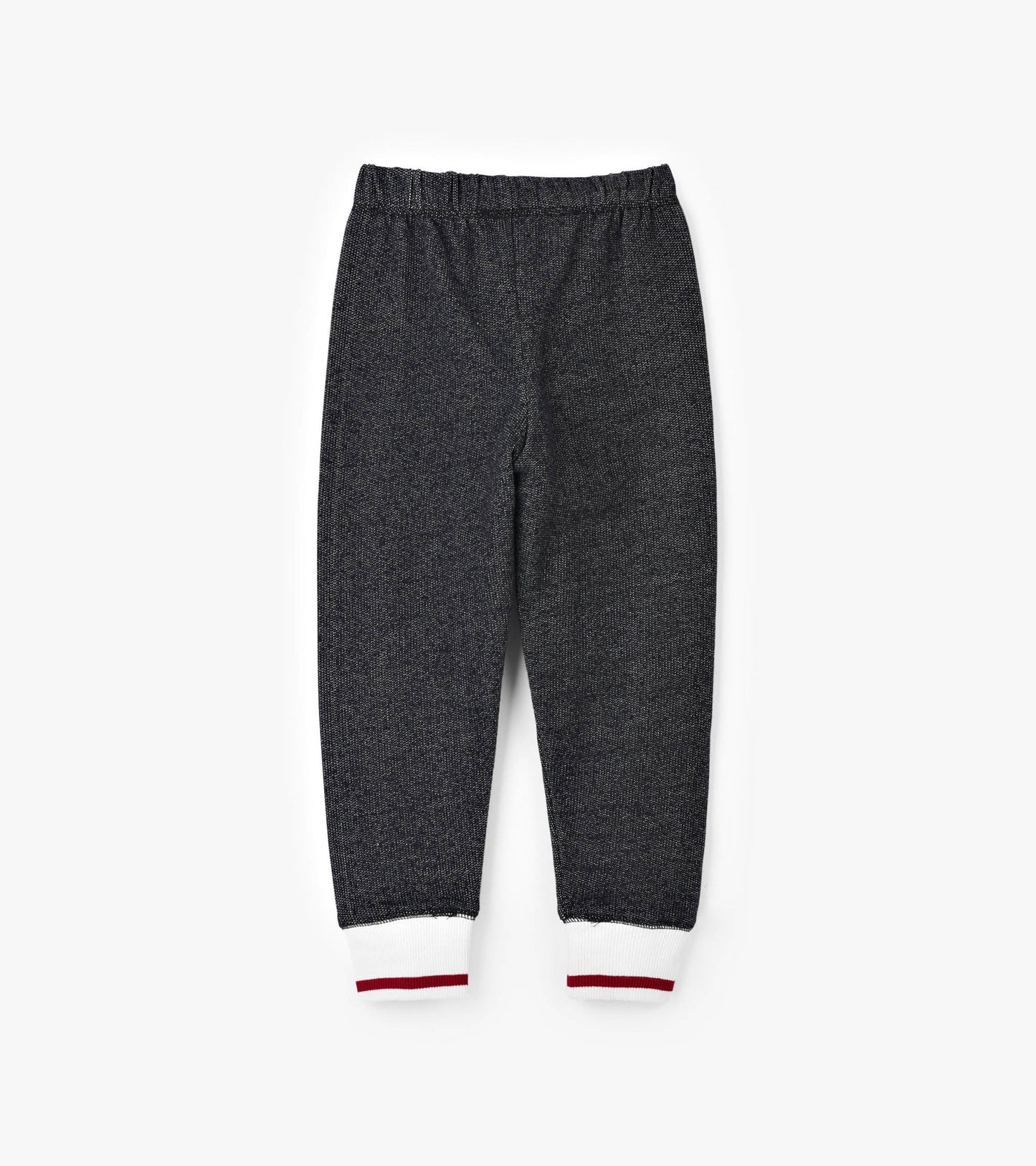 Charcoal gray joggers with elastic waistband and white/red striped cuffs, suitable for kids.