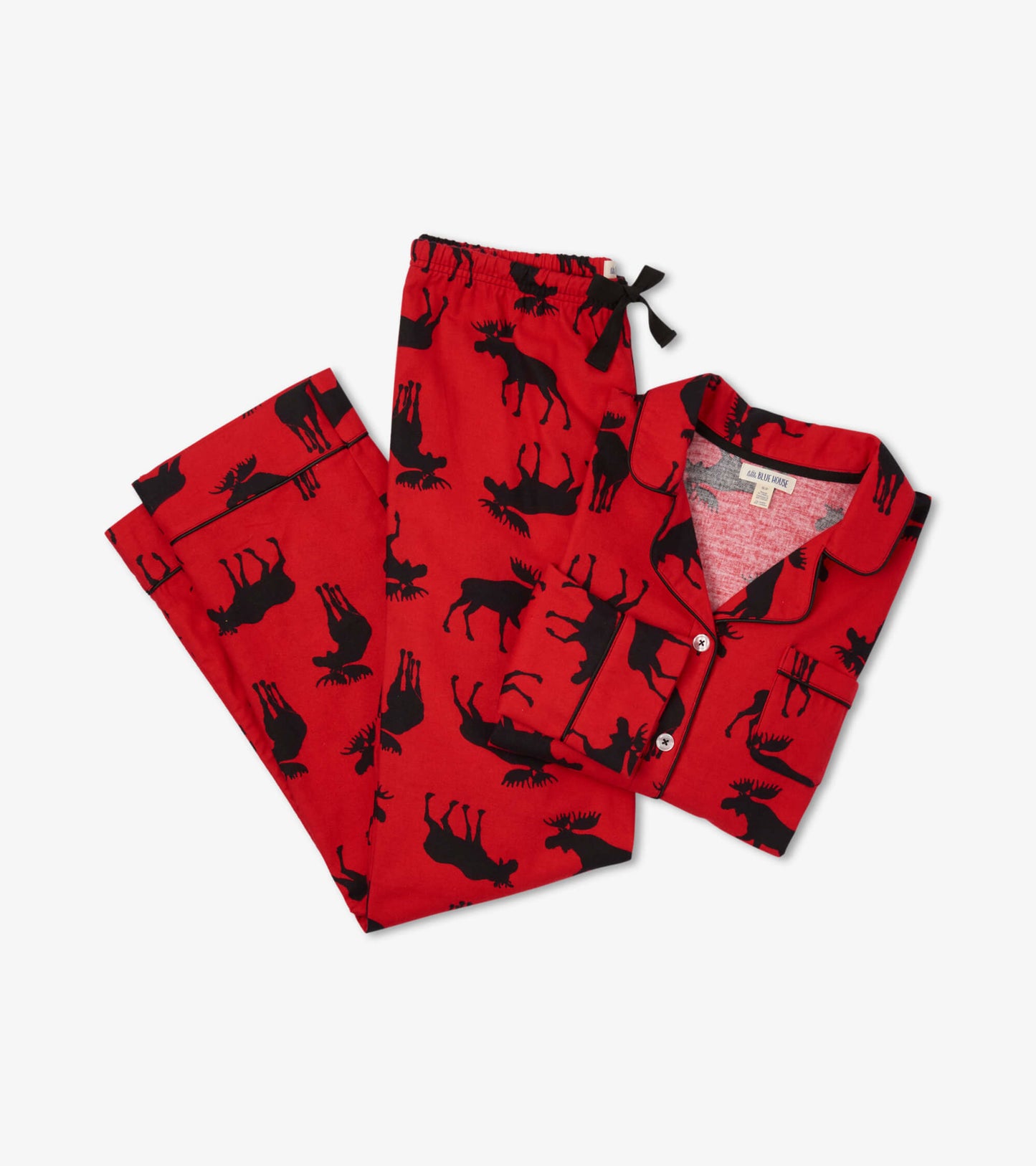 Red flannel pajama set featuring black moose silhouettes, includes button-up top and elastic waistband pants.