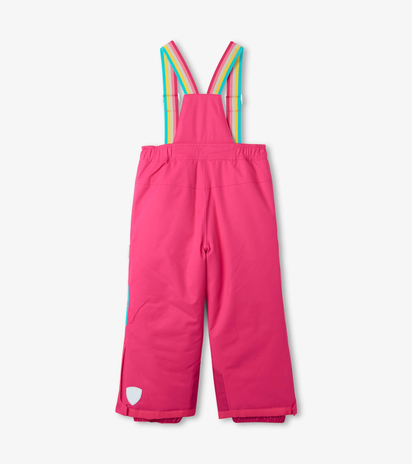 Bright pink kids' snow pants with colorful striped suspenders and elastic waistband, designed for winter activities.