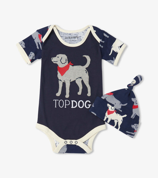 Navy baby bodysuit with short sleeves featuring a dog graphic and matching hat, both in soft cotton material.