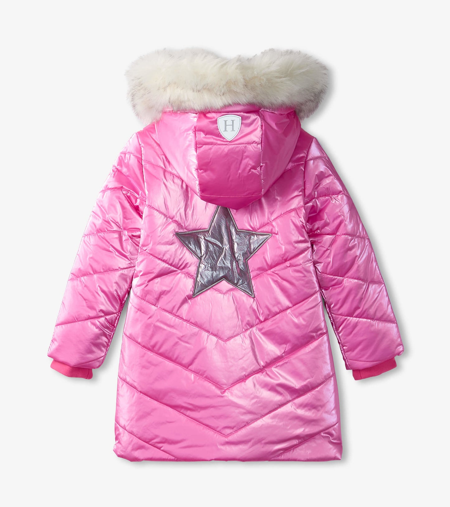 Pink puffer jacket with chevron pattern, silver star detail, and faux fur hood, designed for kids.