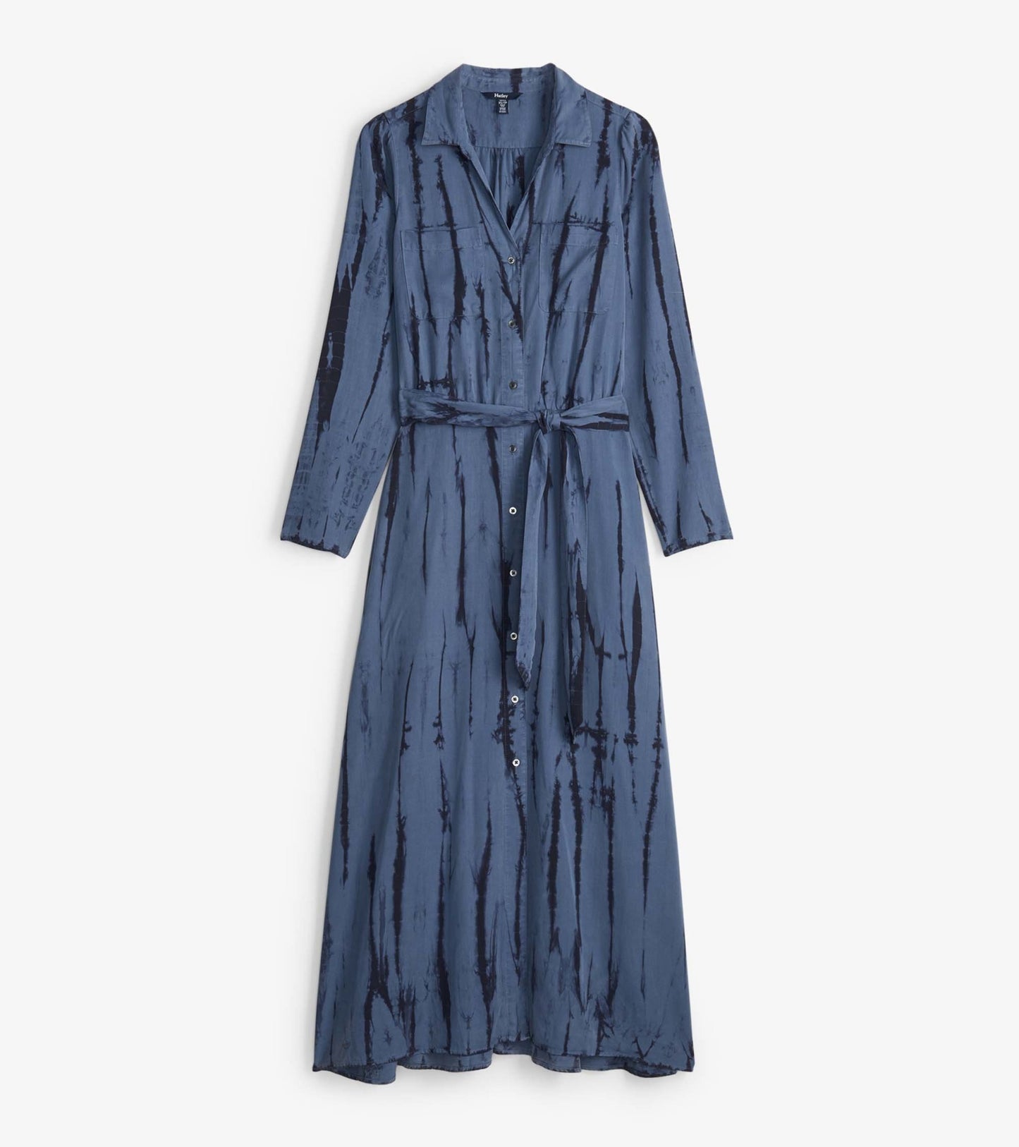 Long maxi shirt dress in deep blue with a tie waist, button front, and subtle tie-dye pattern.
