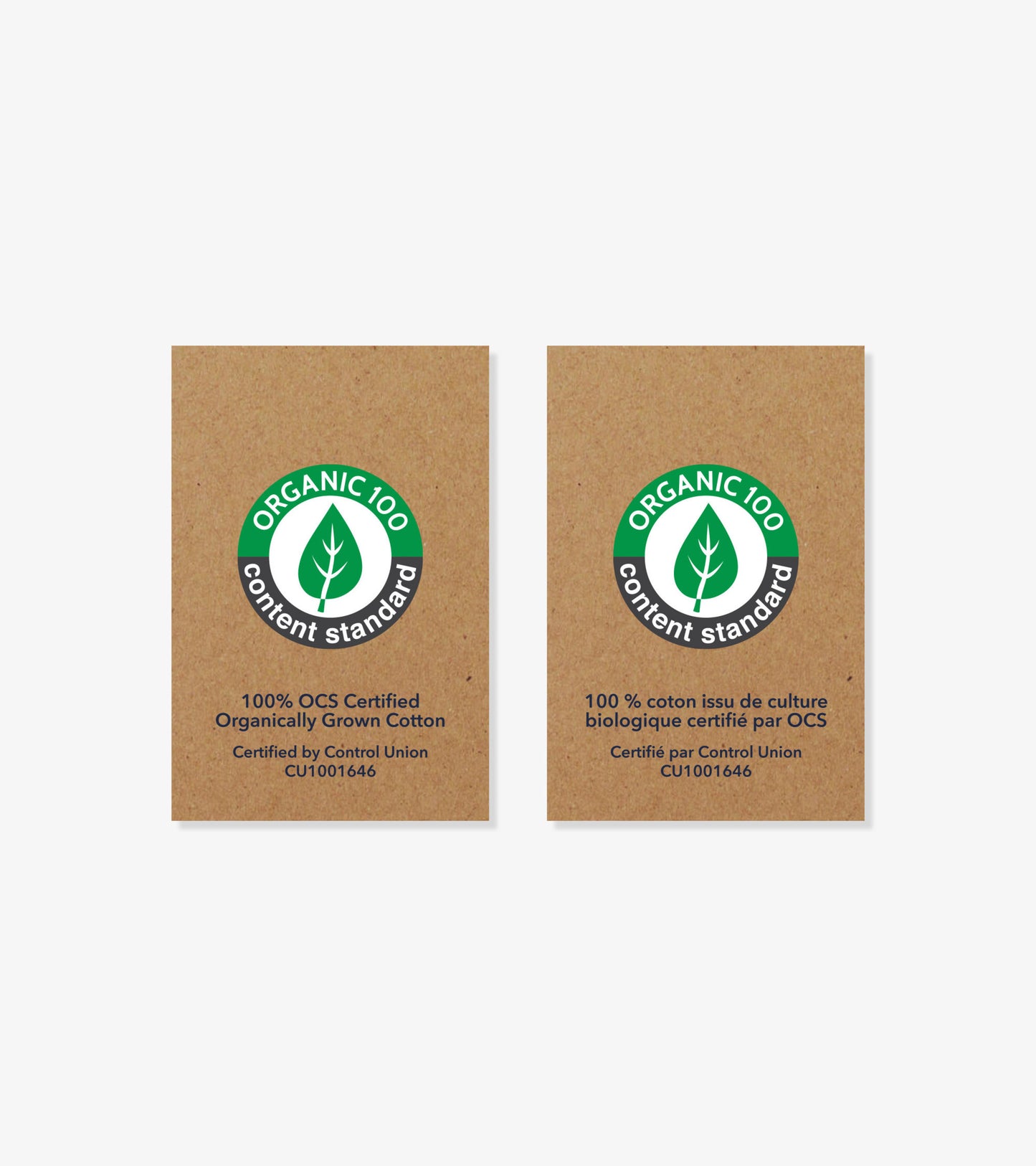 Organic cotton certification labels featuring green logos on brown kraft paper, indicating 100% organically grown cotton.