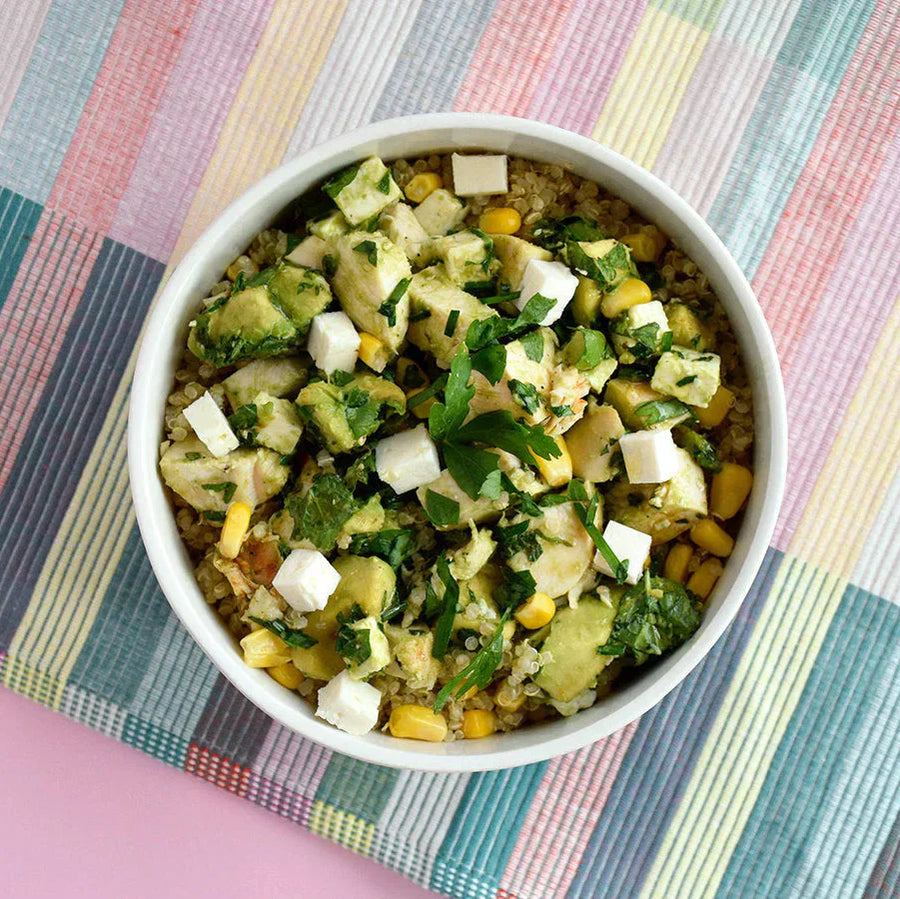 Chicken Quinoa Bowl with Avocado, Feta & Corn