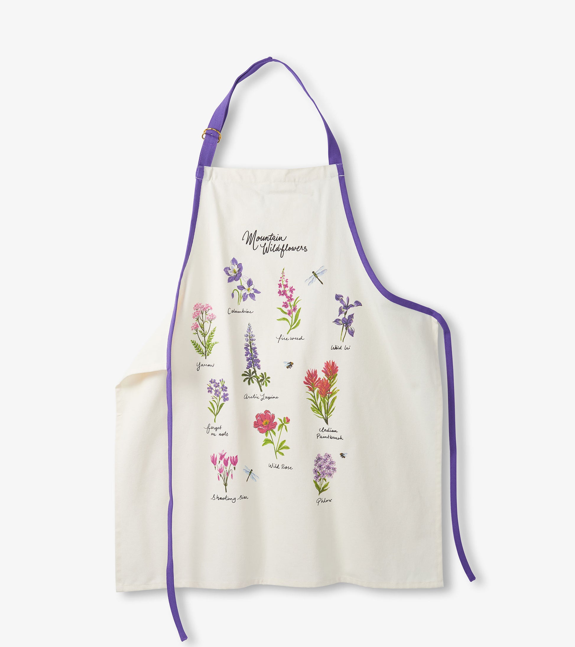 Cream apron with purple straps featuring colorful wildflower illustrations and text labels. One size fits all.