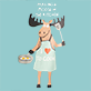 View Making a Moose In The Kitchen Apron - Cartoon woman in shorts and antlers holding a drink and a snack tray, with text reading "MAMA'S LITTLE REINDEER