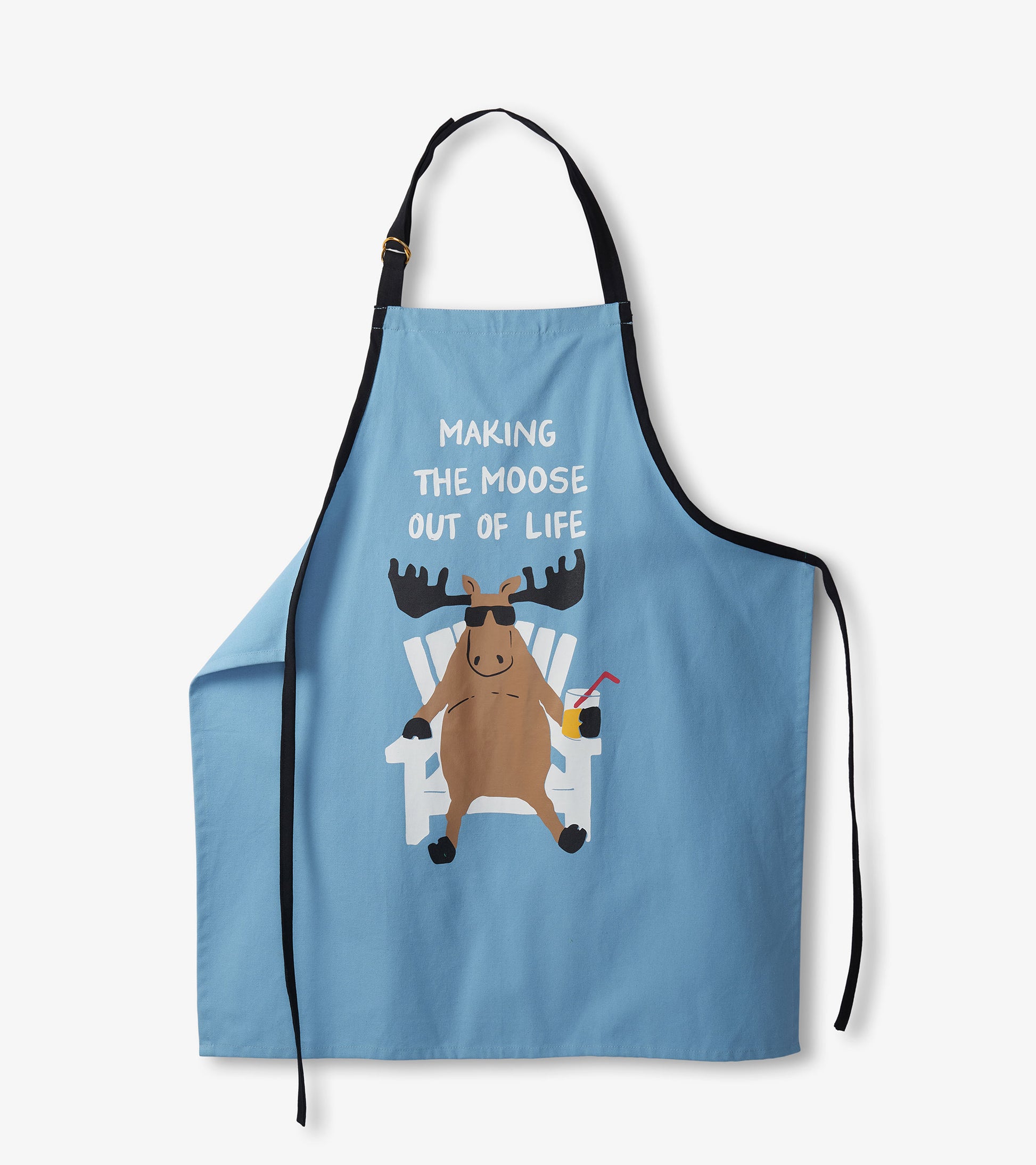 Light blue apron featuring a cartoon moose in sunglasses sitting in a chair, with text above. One size, with black straps.