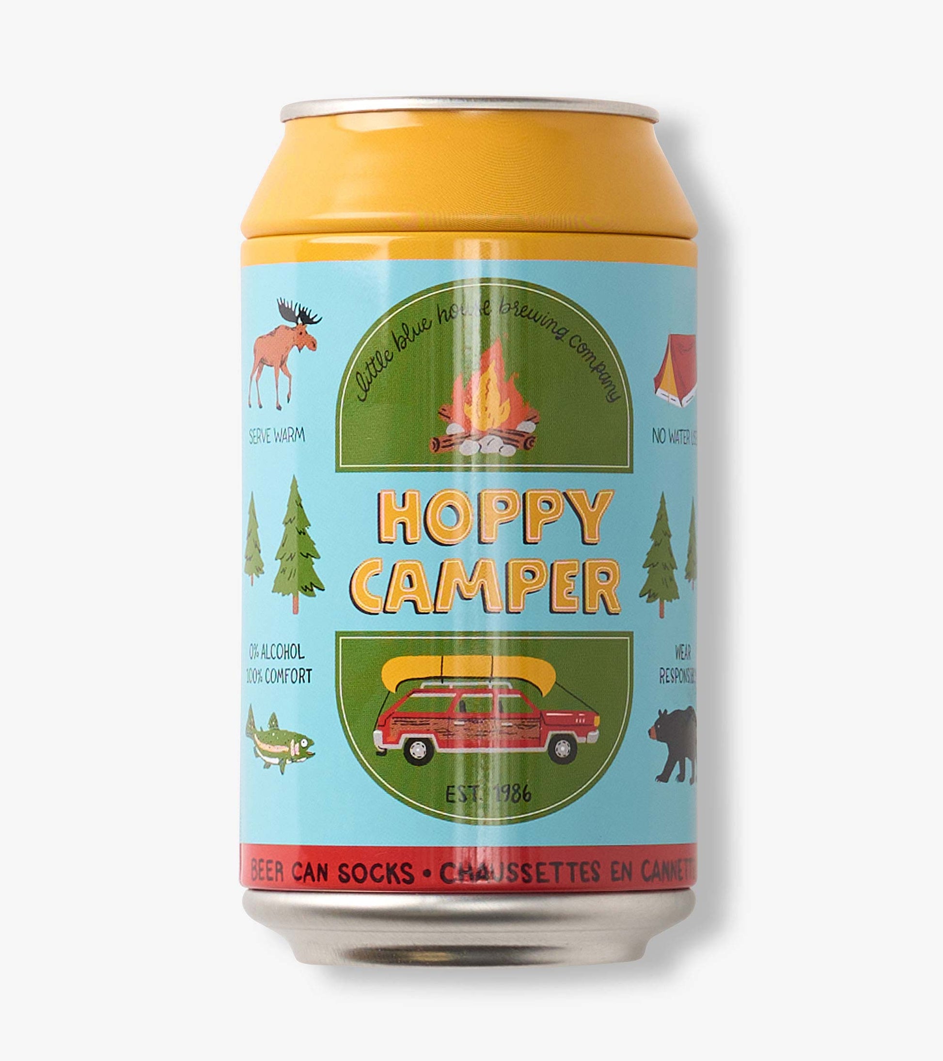 Beer can-shaped socks package with camping graphics and the words Hoppy Camper on a blue label