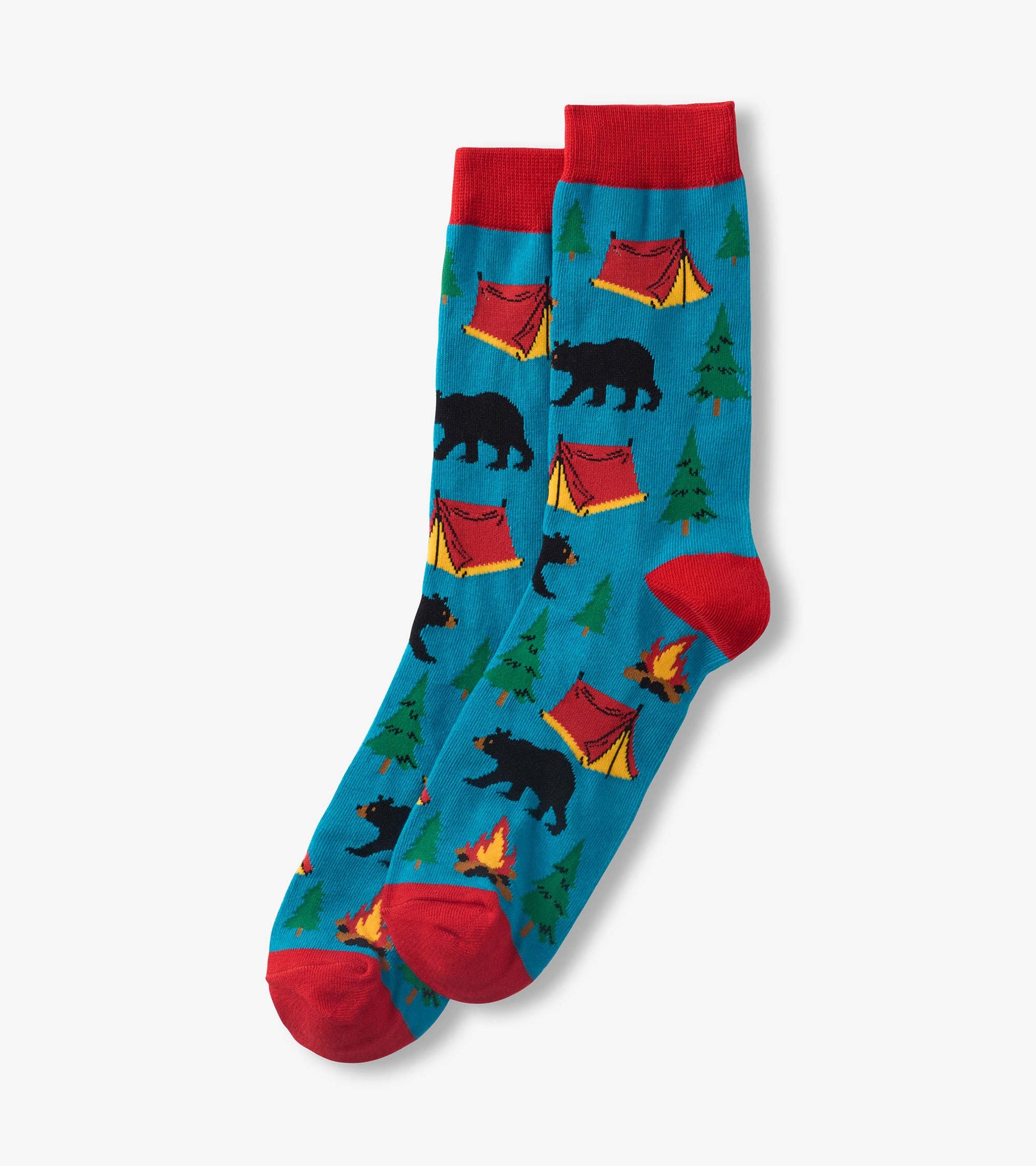 Blue crew socks with red cuffs, heels and toes, featuring camping tents, bears, trees and campfires.