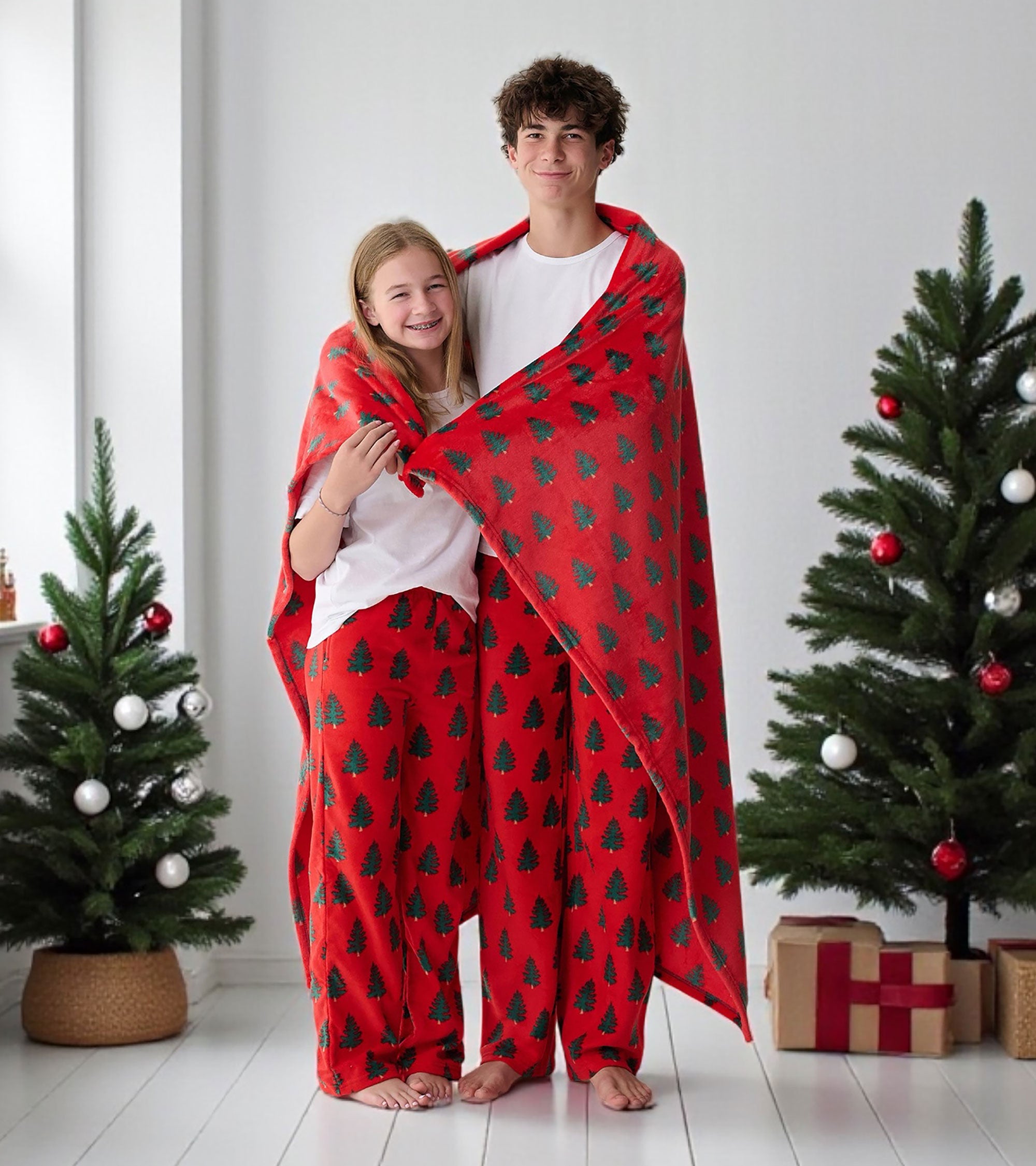 Trees On Red Fuzzy Fleece Blanket