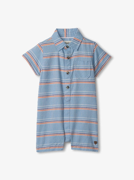 Promotes the baby sale collection. Showing blue short-sleeve striped baby romper on a plain background.