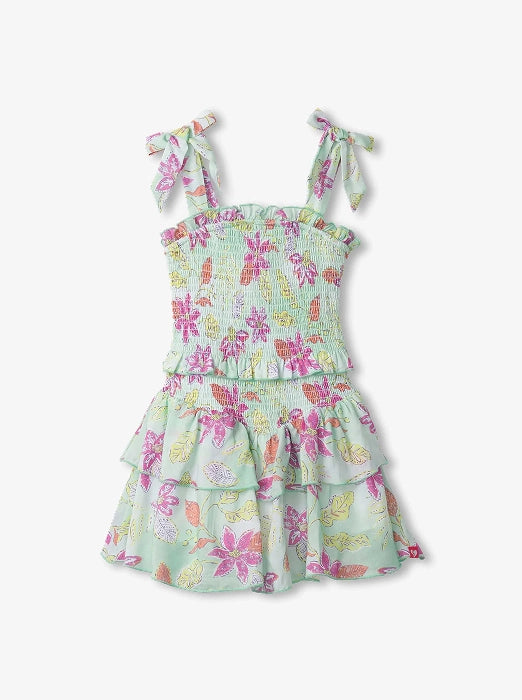Mint green girls dress with tie straps, smocked bodice, and pink floral print