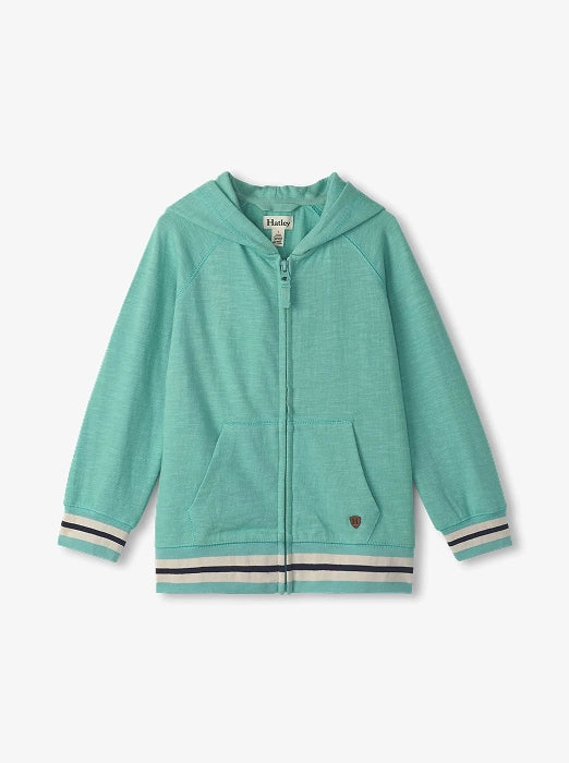 Mint green boys zip-up hoodie with striped cuffs and hem