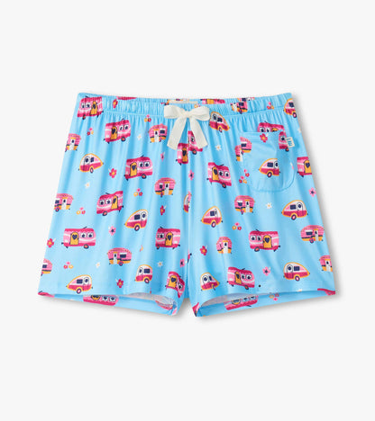 Light blue pajama shorts with colorful camper print, elastic waist, white drawstring, and front pocket