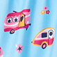 View Women's Retro Campers Polyknit Pajama Shorts - Two pink cartoon vehicles with flowers on a light blue background